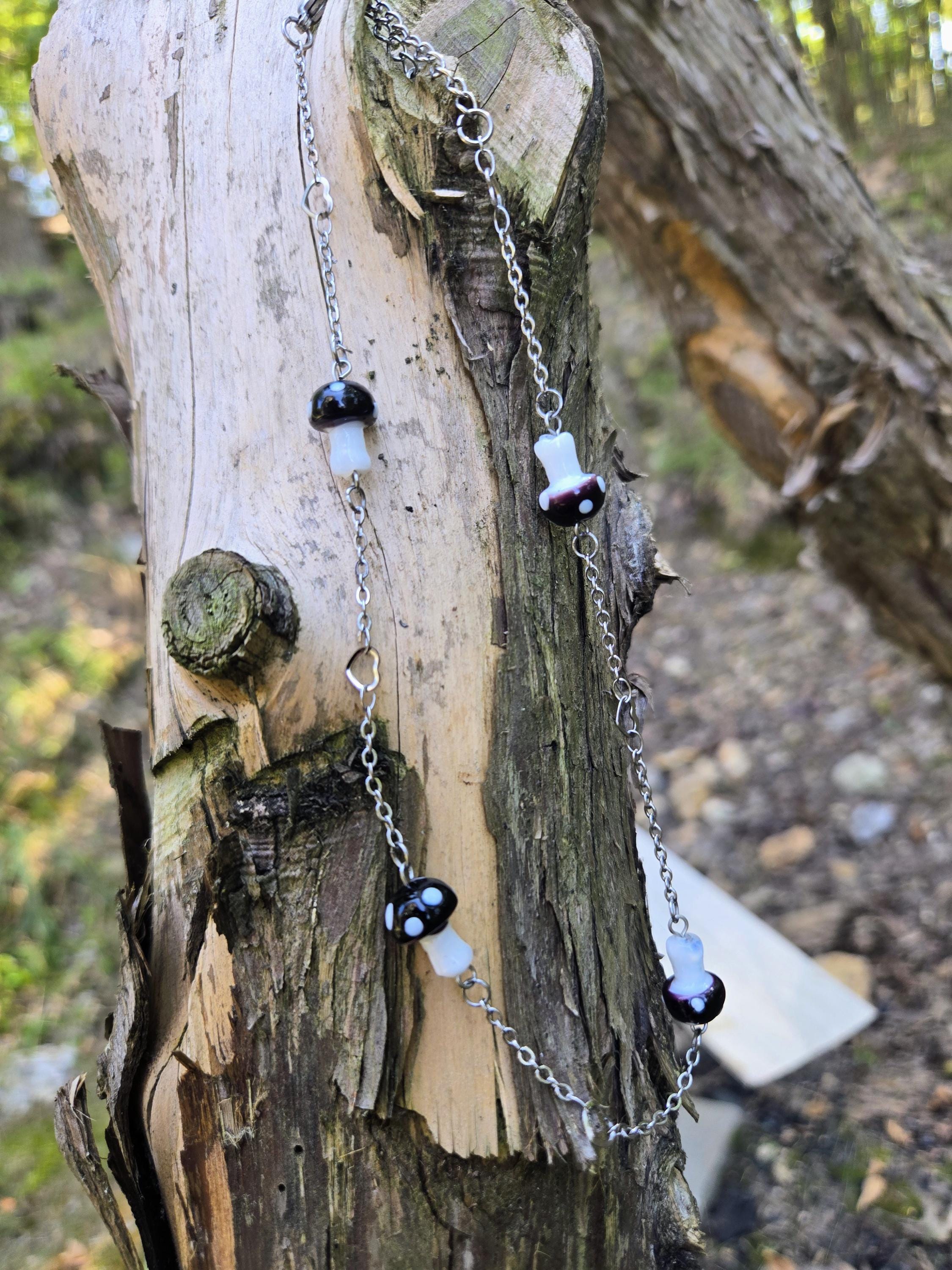 Black Mushroom Choker Necklace: Crystal Heart, Stainless Steel Chain - Thumbnail 4