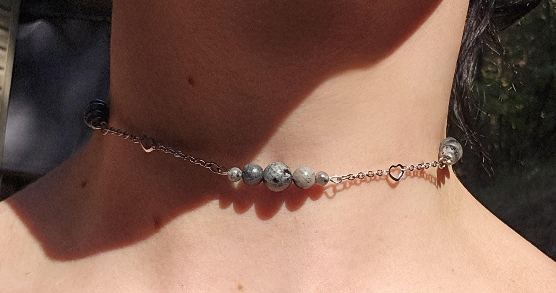 Labradorite Choker Necklace: Stainless Steel Chain, Adjustable