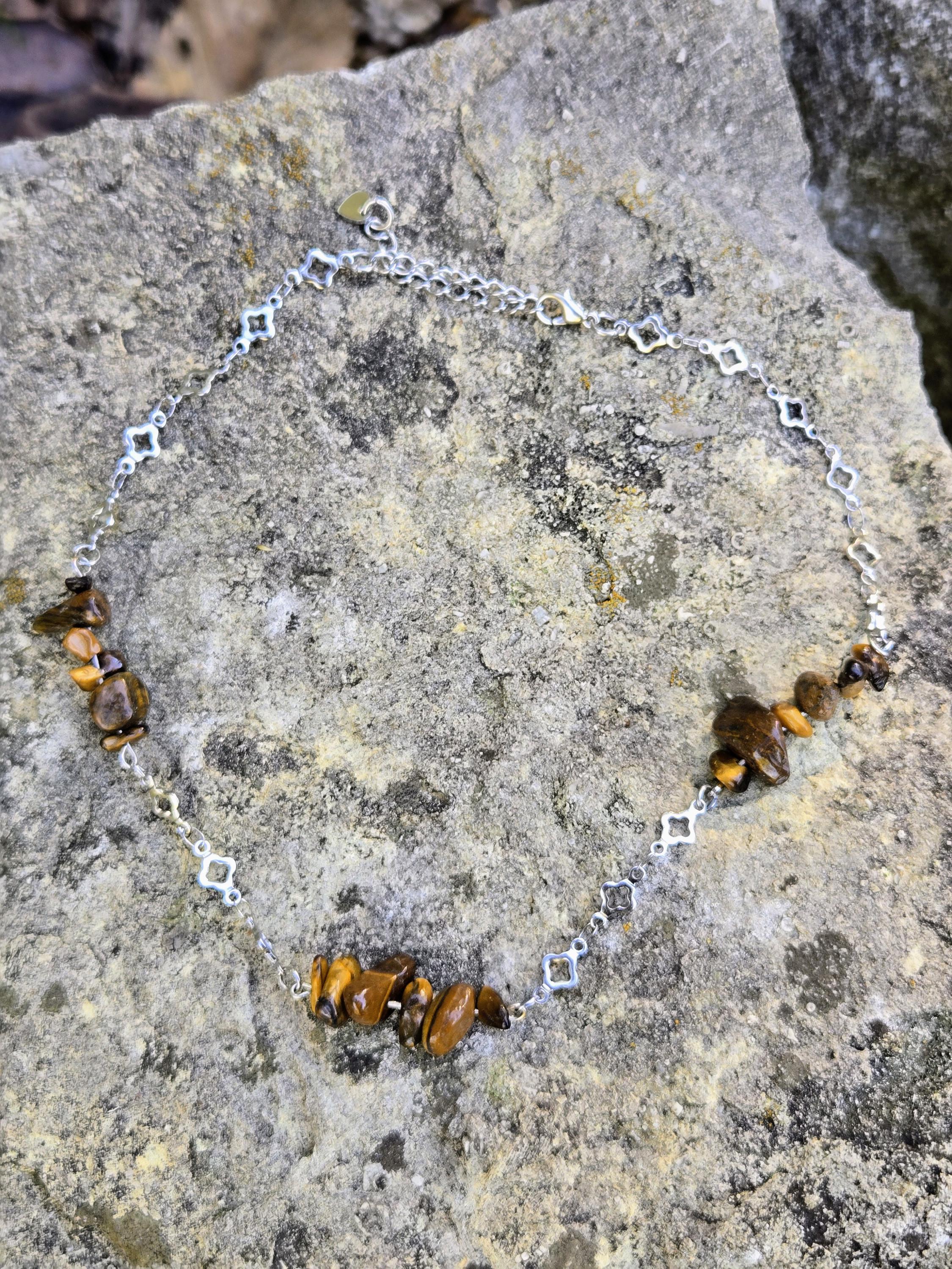 Tigers Eye and Steel Clover Choker: Adjustable Fairycore Gothic Crystal Necklace - Thumbnail 6