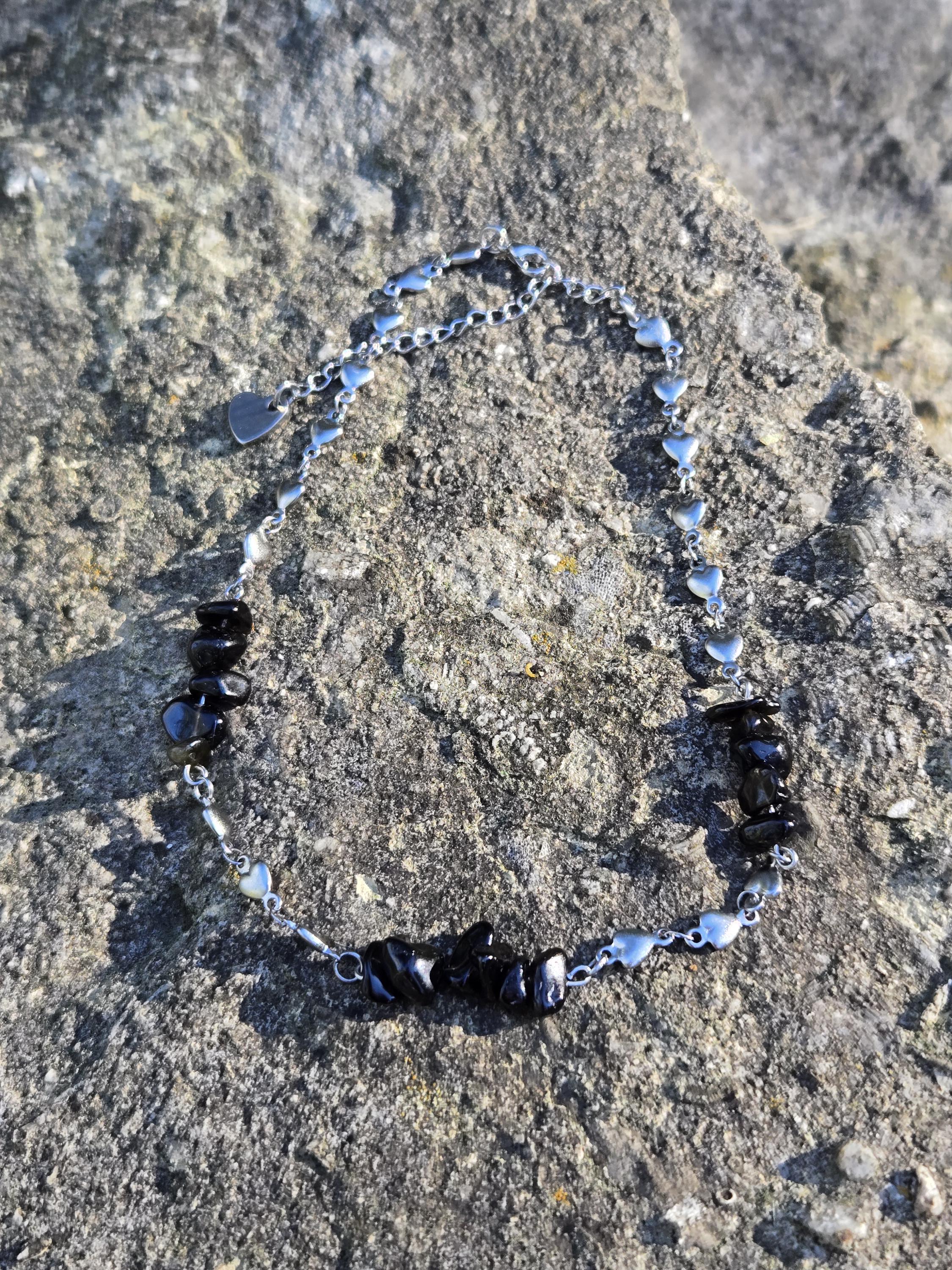 Black Obsidian and Steel Choker Necklace: Queen of Hearts Adjustable Chain - Thumbnail 3