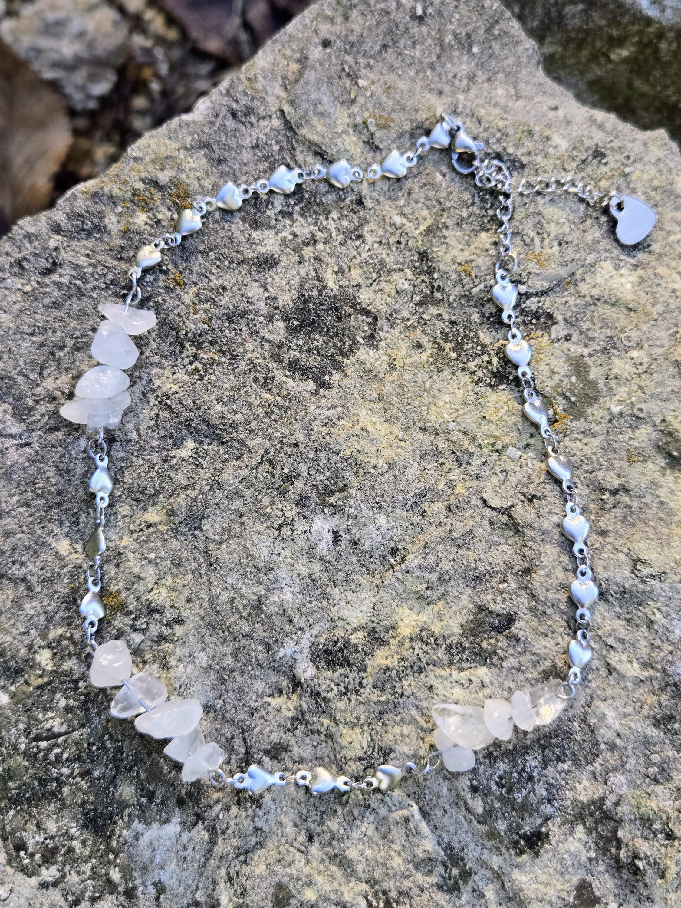 Quartz and Steel Choker Necklace: Queen of Hearts Dainty Crystal Gemstone Jewelry - Thumbnail 4