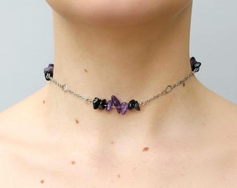 Amethyst, Obsidian and Steel Adjustable Crystal Chain Choker, Fairycore, Goth Choker, Boho, Healing Gemstone for Protection, Spiritual Gift