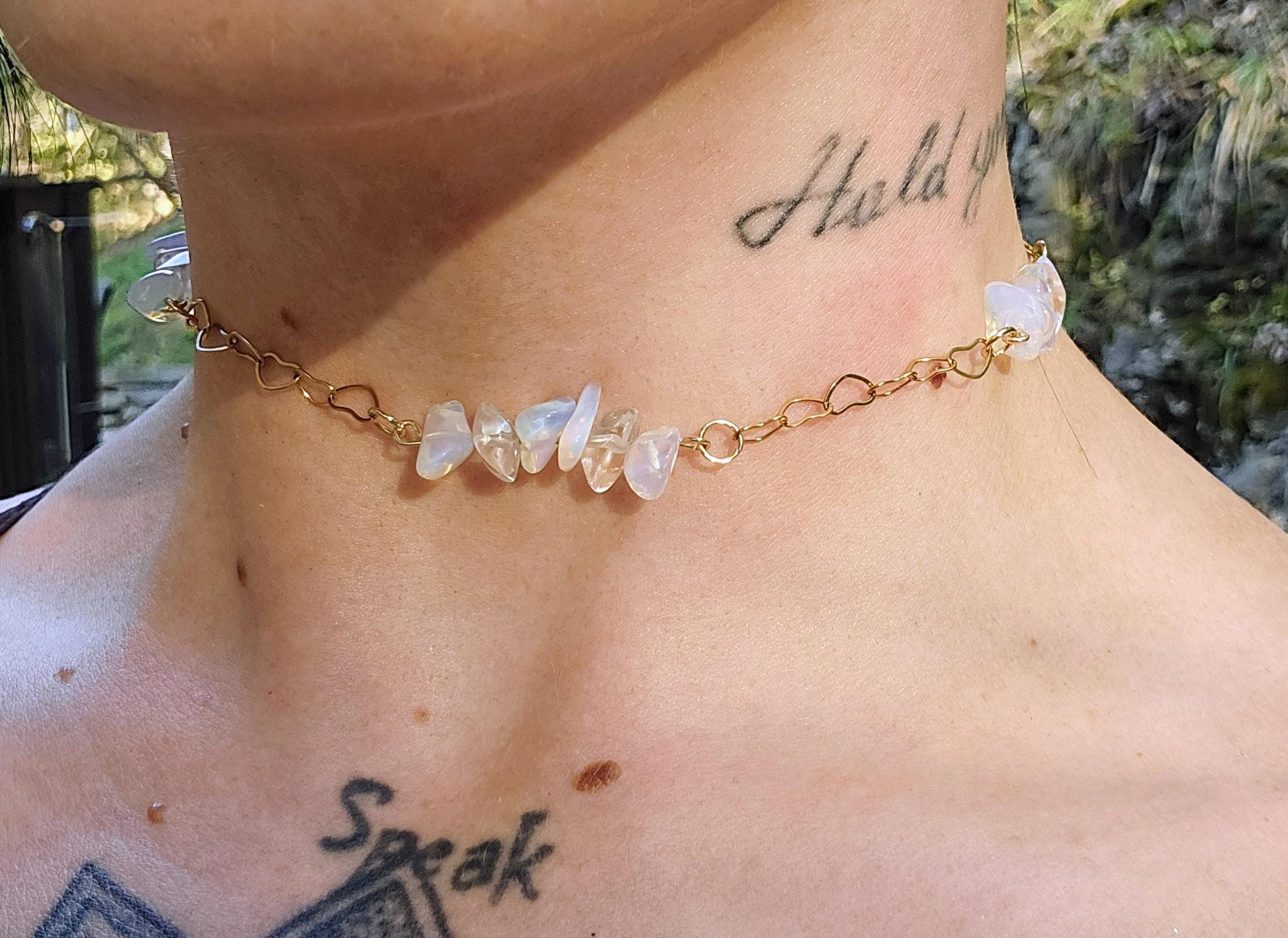 Opal & Gold Choker Necklace: 18k Gold Plated Crystal Fairycore Gothic Heart Chain - Thumbnail 4