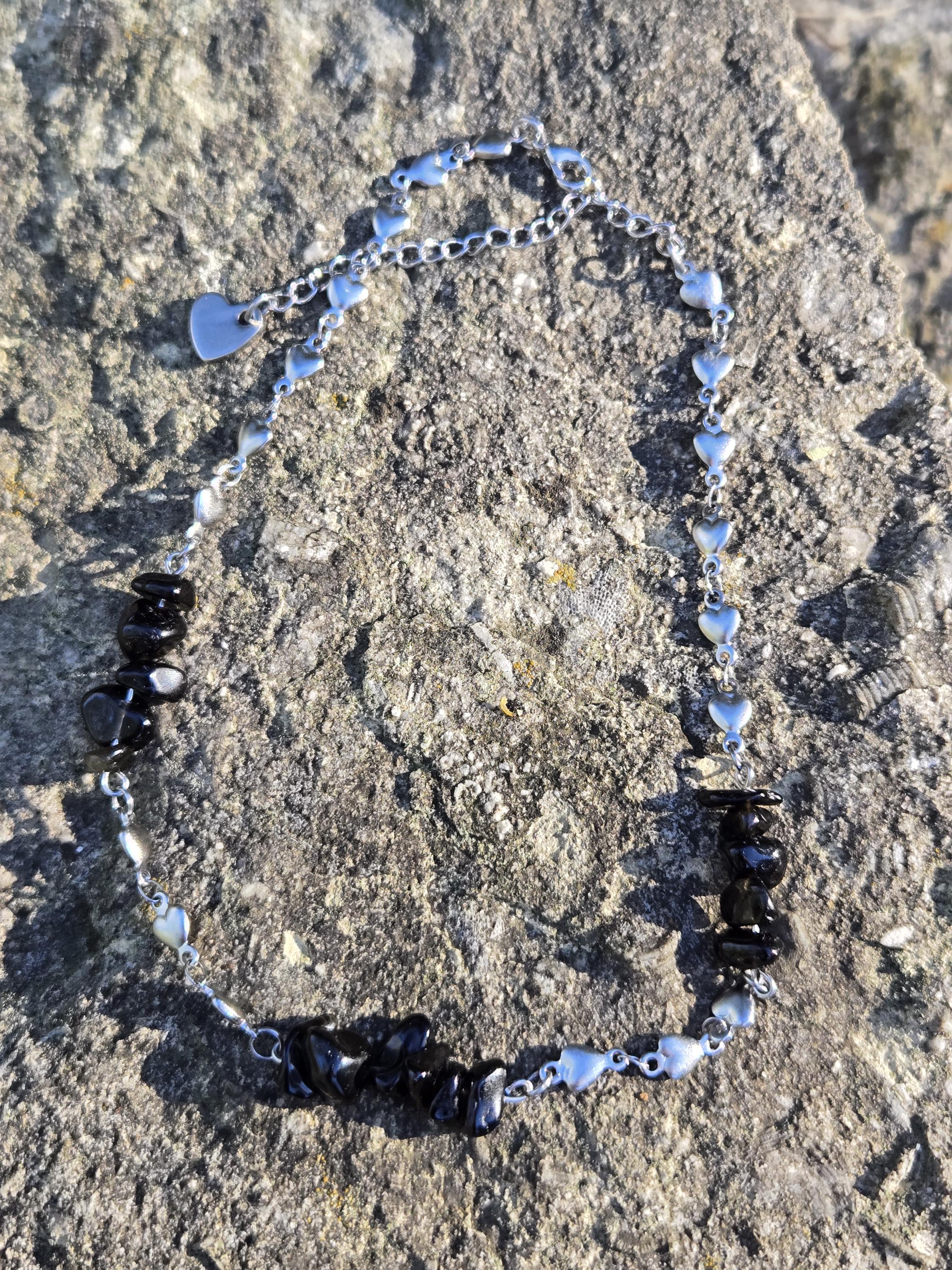 Black Obsidian and Steel Choker Necklace: Queen of Hearts Adjustable Chain - Thumbnail 5