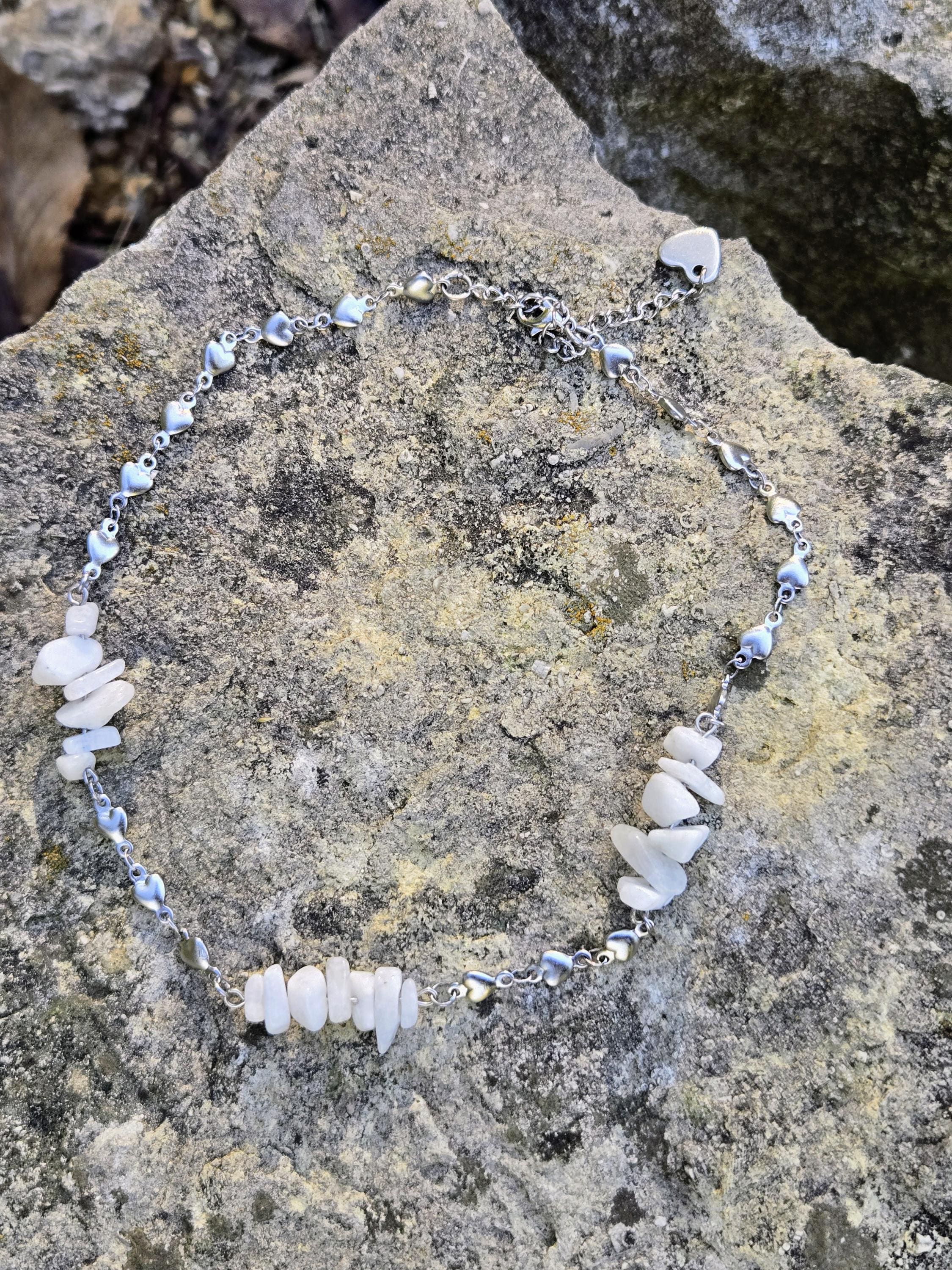 Moonstone and Steel Choker Necklace: Queen of Hearts Adjustable Crystal Chain - Thumbnail 4