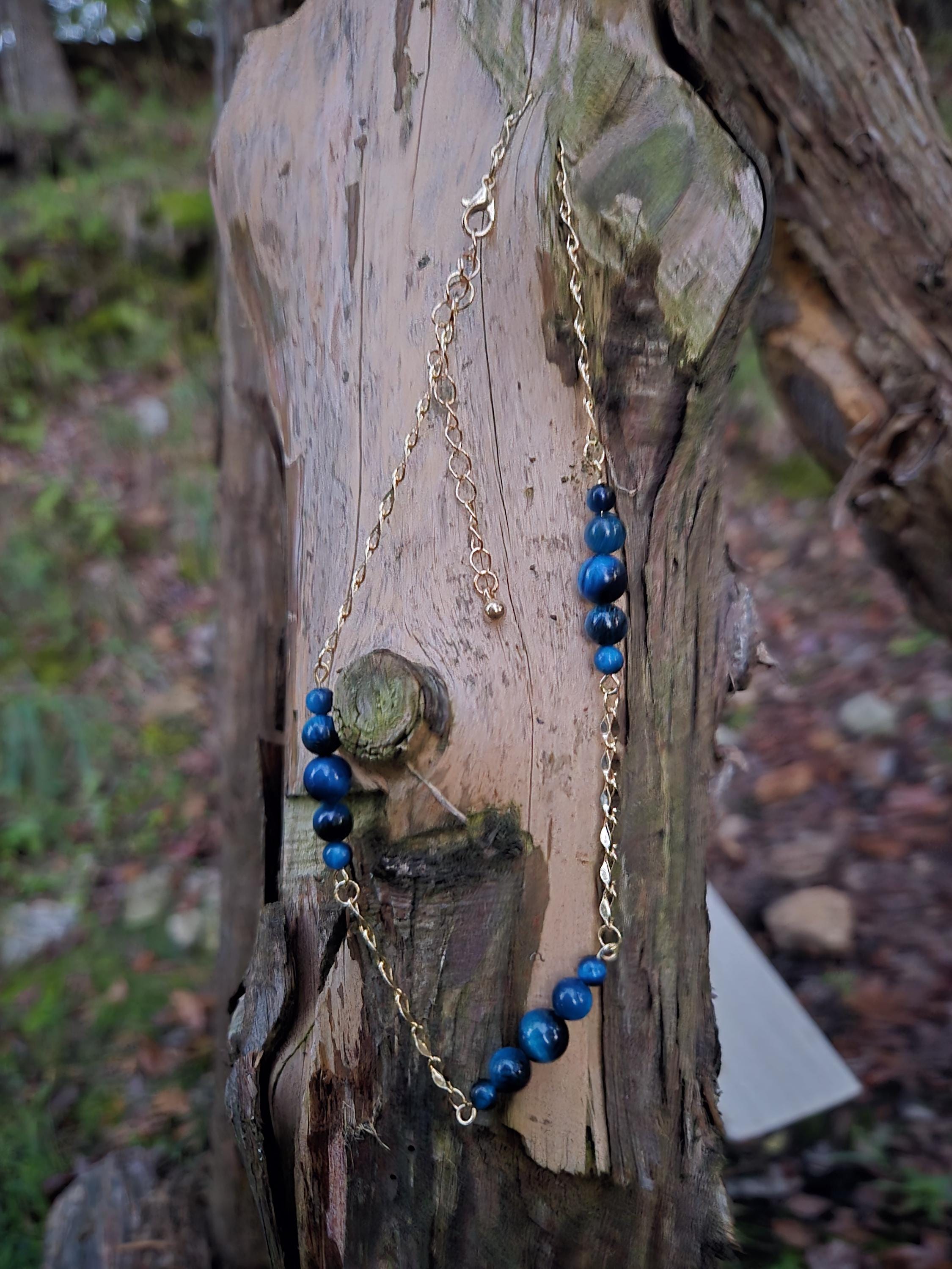 Blue Tiger's Eye and Gold Choker Necklace: 14k Gold Plated Crystal Chain - Thumbnail 3