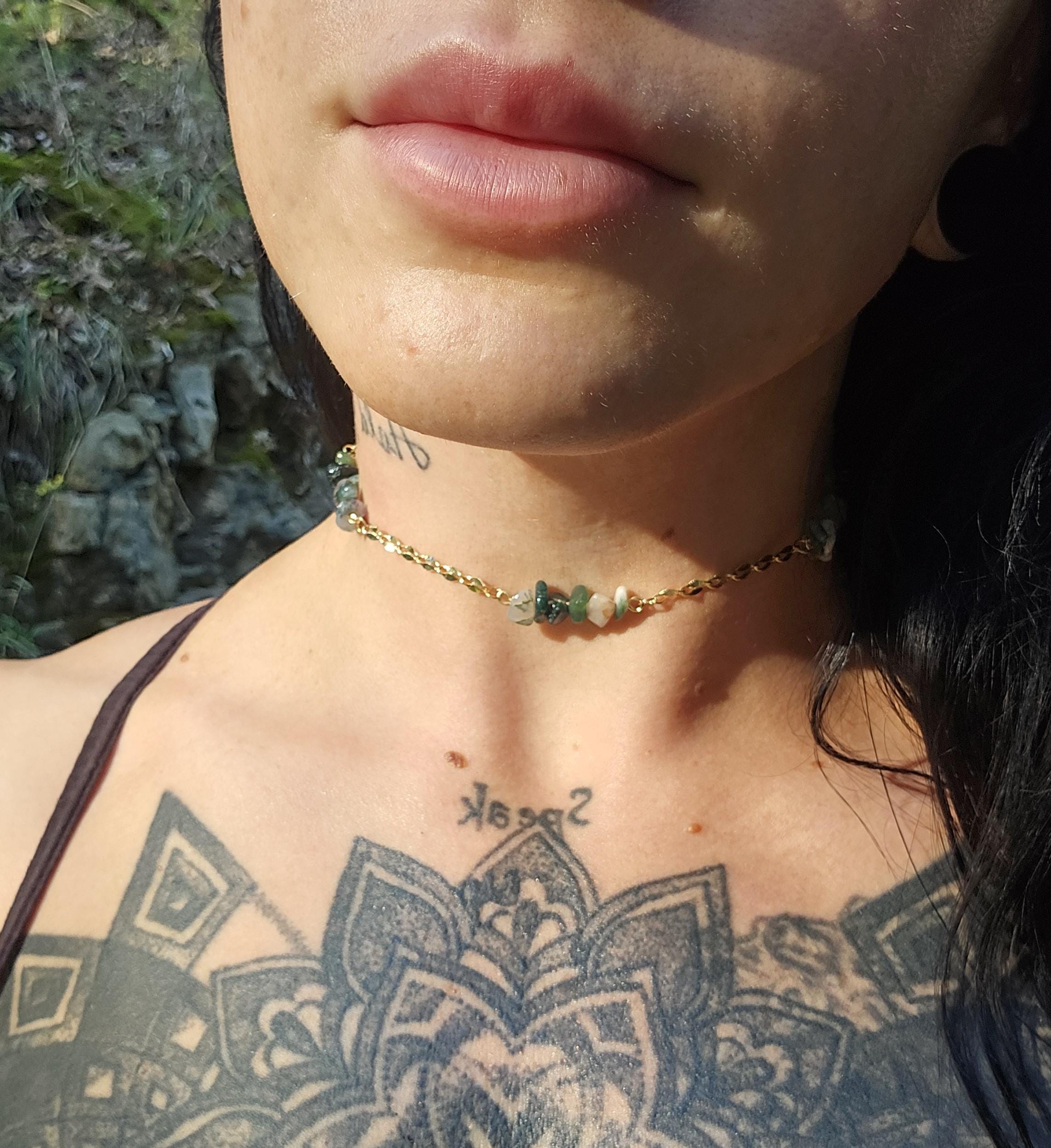 Moss Agate & 14k Gold Plated Choker: Crystal Fairycore Gothic Chain Necklace - Thumbnail 5