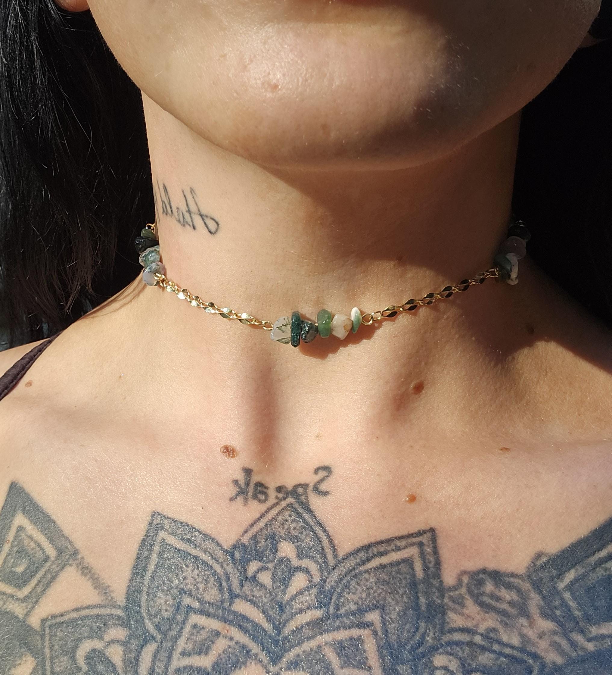 Moss Agate & 14k Gold Plated Choker: Crystal Fairycore Gothic Chain Necklace - Image 1