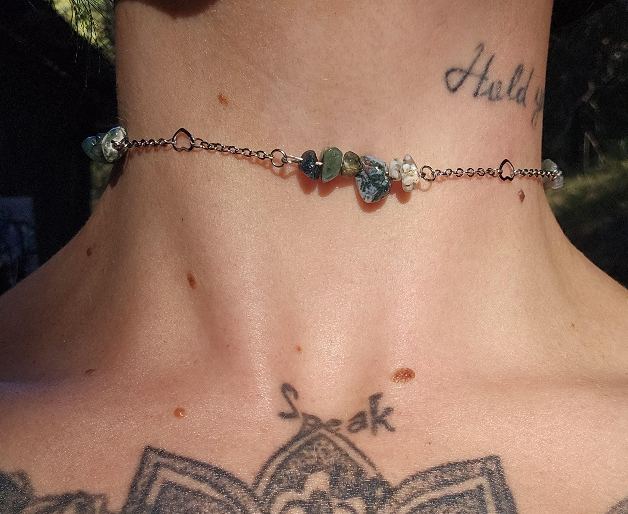 Moss Agate Choker and Stainless Steel Necklace: Adjustable Chain