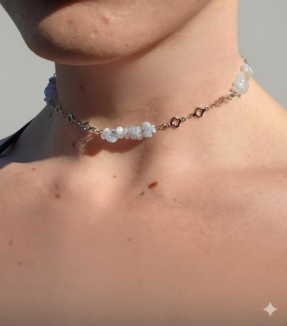 Blue Lace Agate and Steel Clover Crystal Chain Choker, Cottagecore, Goth Choker, Boho, Healing Gemstone for Protection, Spiritual Gift