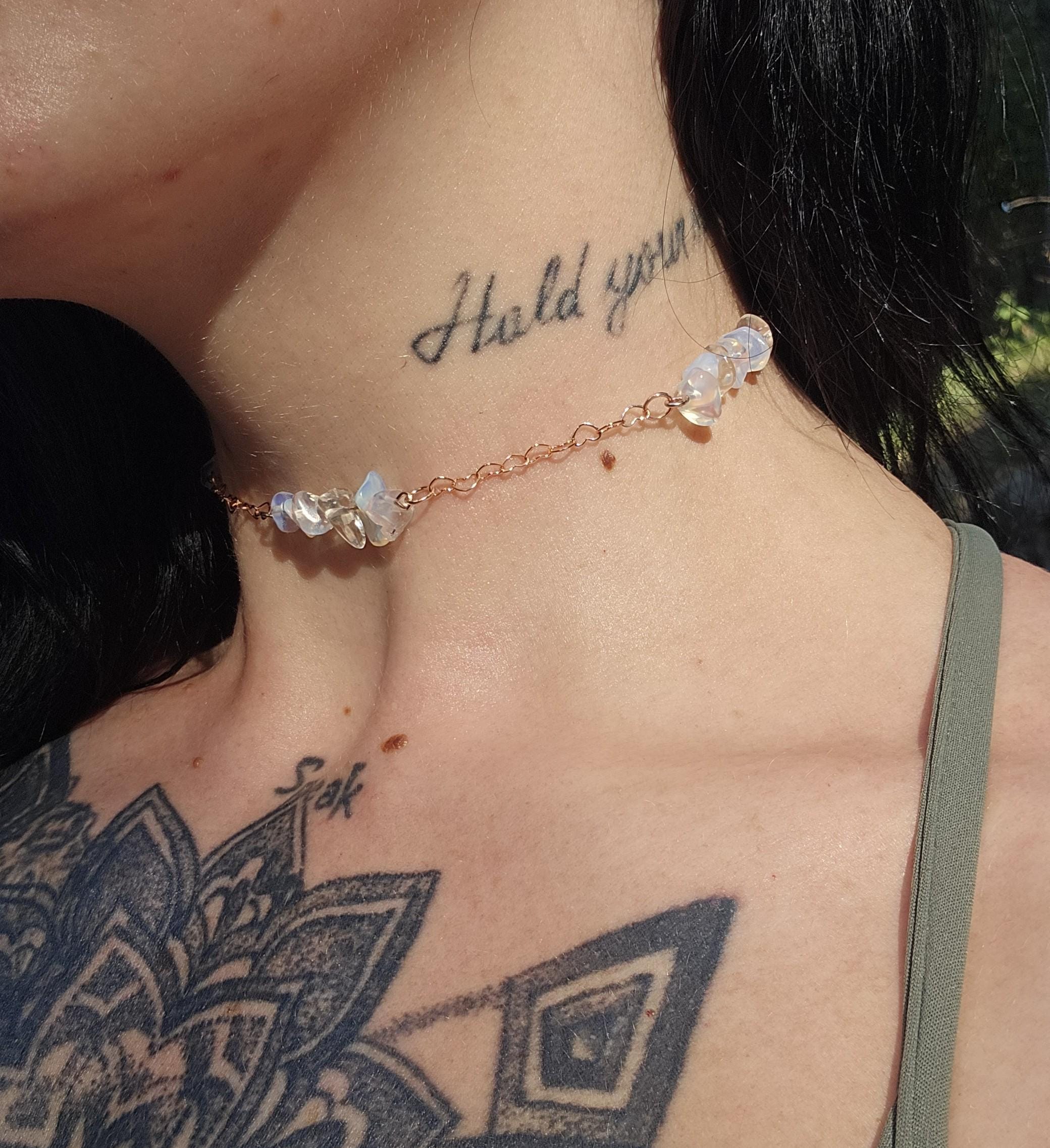 Opal and Rose Gold Crystal Choker: Rose Gold Plated Hearts, Fairycore Gothic Necklace - Thumbnail 2