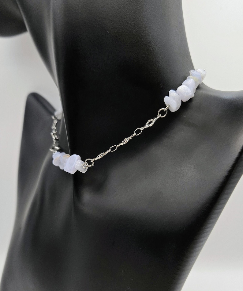 Blue Lace Agate and Steel Clover Crystal Chain Choker, Cottagecore, Goth Choker, Boho, Healing Gemstone for Protection, Spiritual Gift image 5