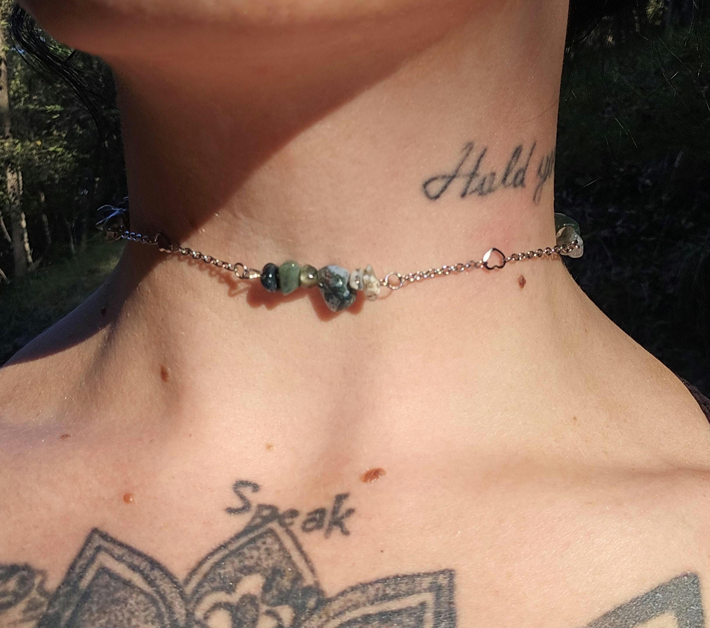 Moss Agate Choker and Stainless Steel Necklace: Adjustable Chain - Thumbnail 5