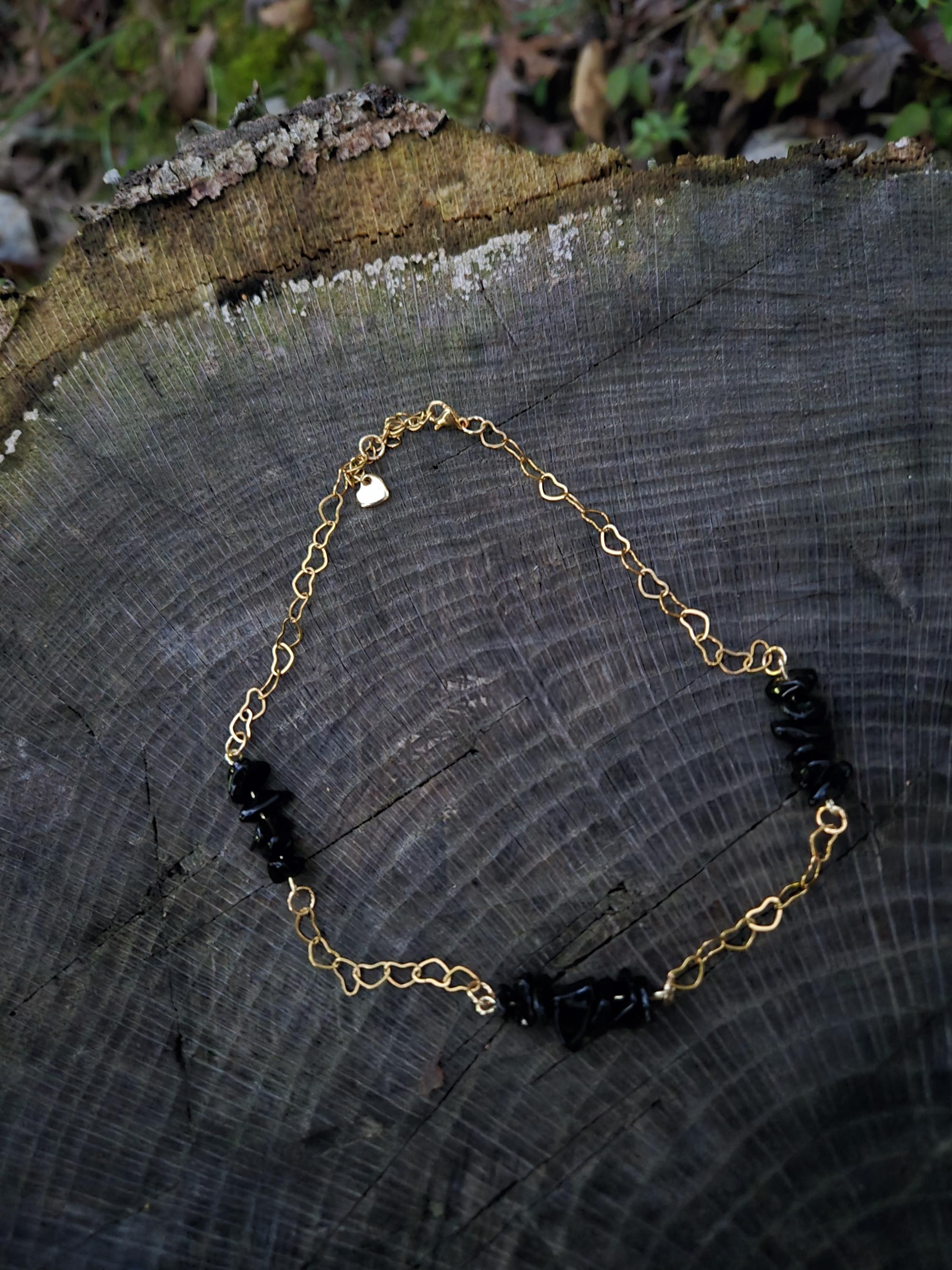 Black Obsidian & Gold Choker Necklace: 18k Plated Heart Chain, Adjustable Fairycore Gothic - Thumbnail 3