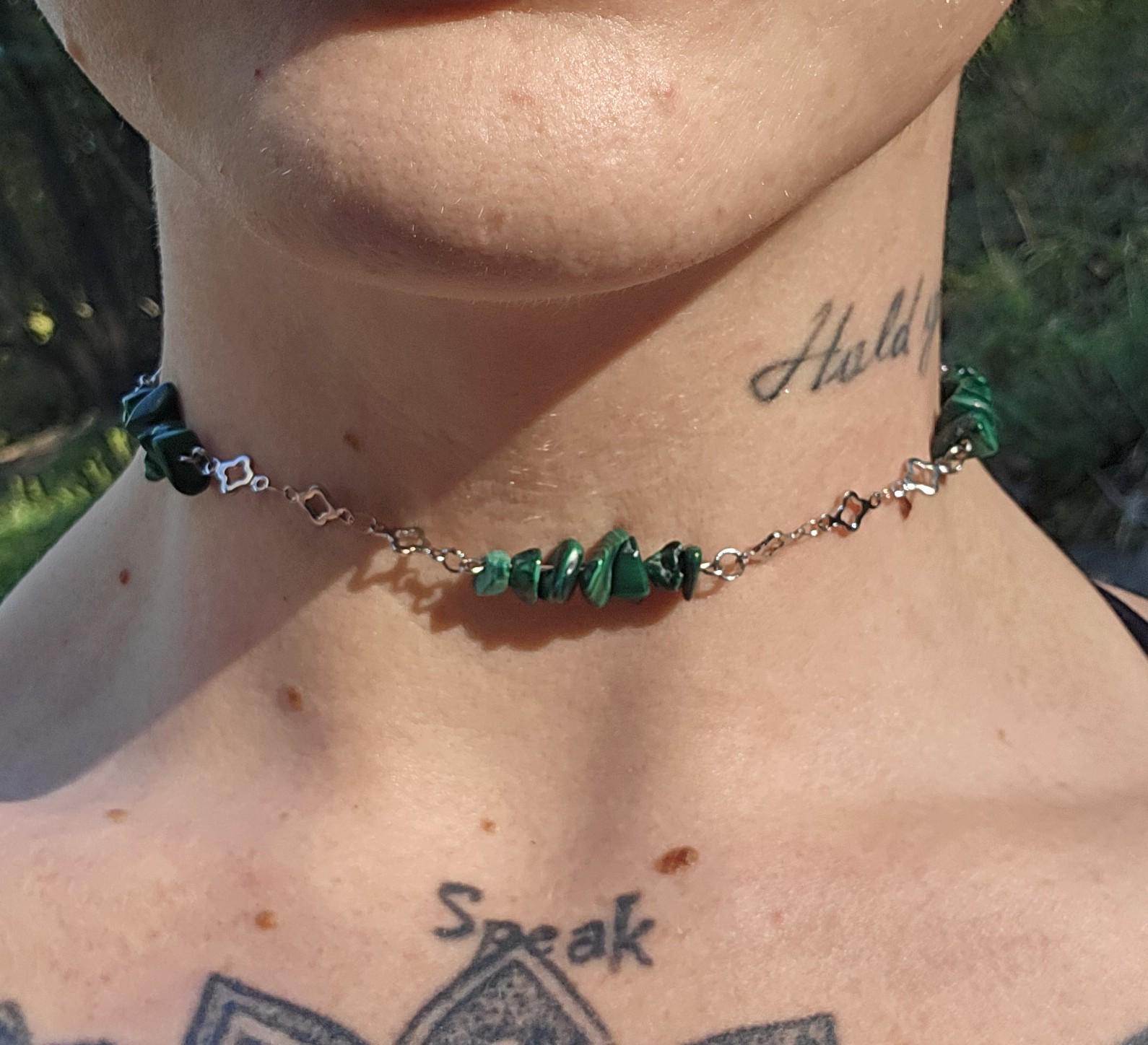 Malachite and Steel Choker Necklace: Clover and Crystal Adjustable Crystal Chain - Thumbnail 2