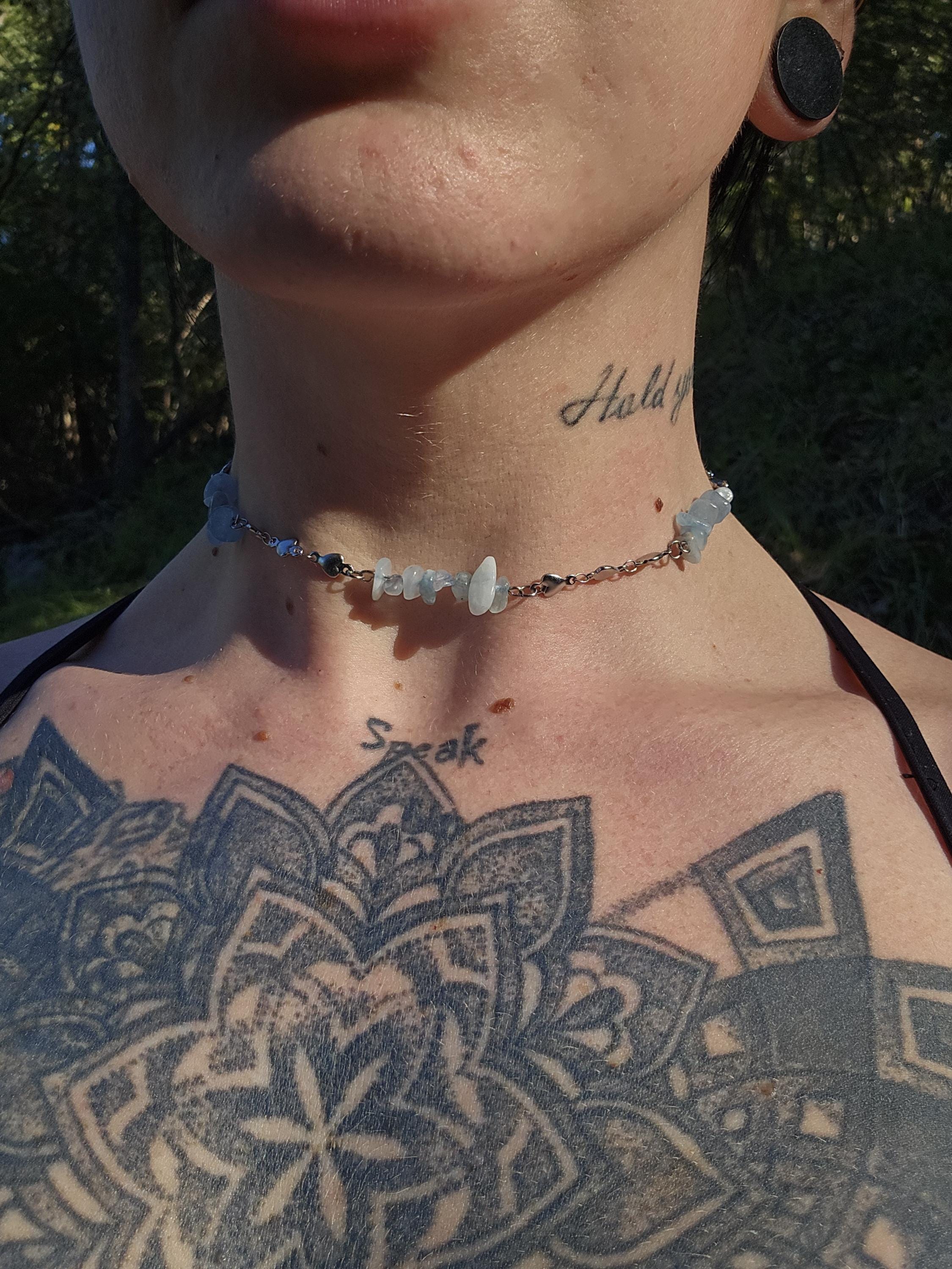 Aquamarine and Steel Crystal Choker Necklace: Queen of Hearts Adjustable Fairycore Gothic Dainty Necklace - Thumbnail 3