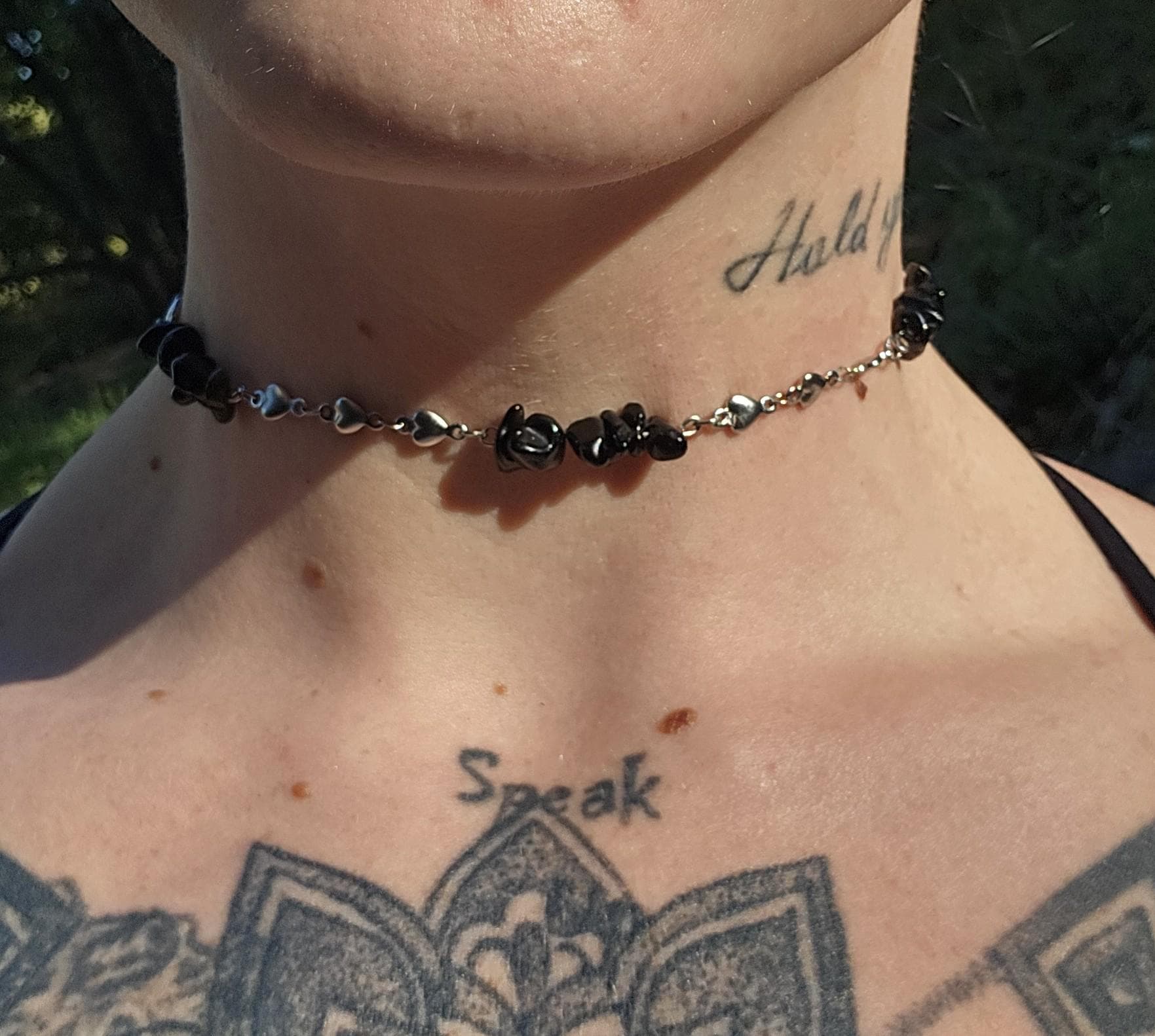 Black Obsidian and Steel Choker Necklace: Queen of Hearts Adjustable Chain - Thumbnail 2