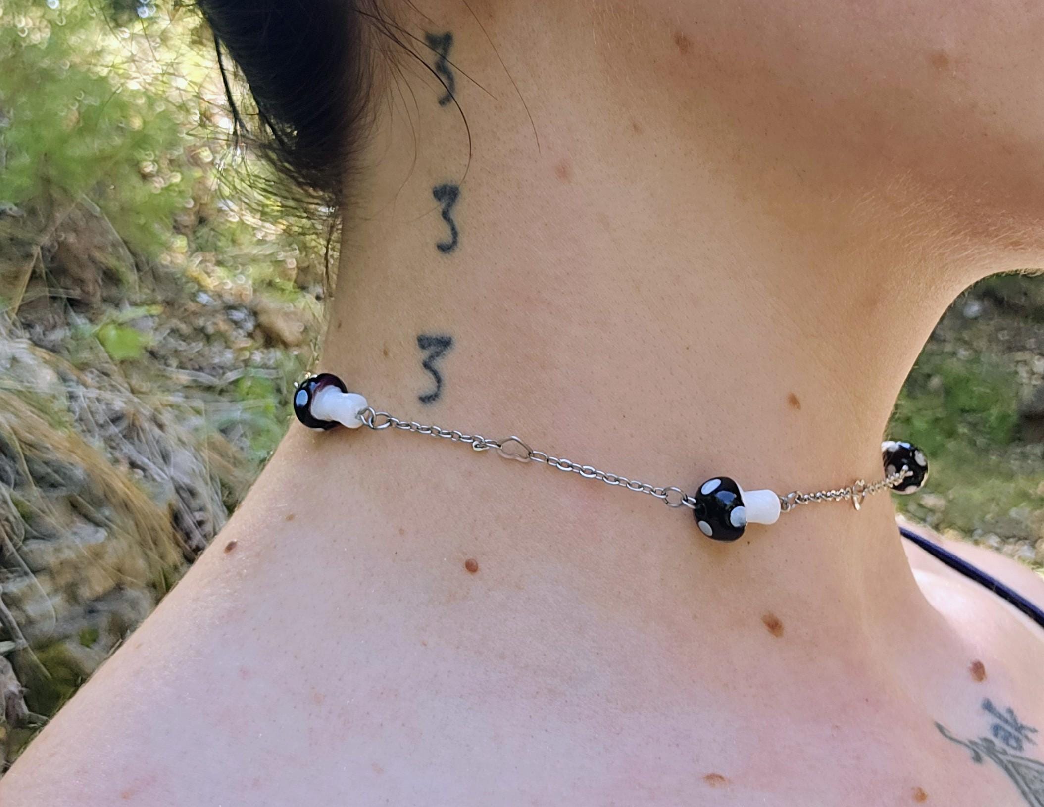 Black Mushroom Choker Necklace: Crystal Heart, Stainless Steel Chain - Thumbnail 3