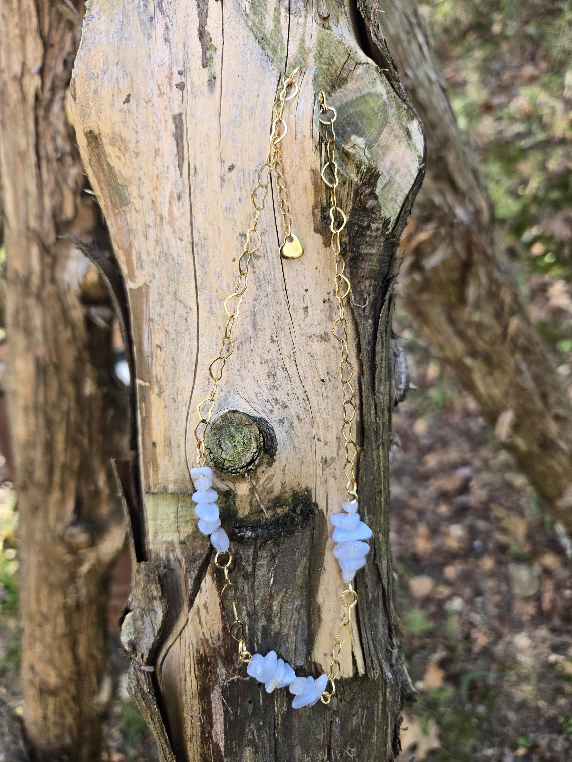Blue Lace Agate and 18k Gold Heart Choker Necklace: Adjustable Crystal Chain, - Thumbnail 4