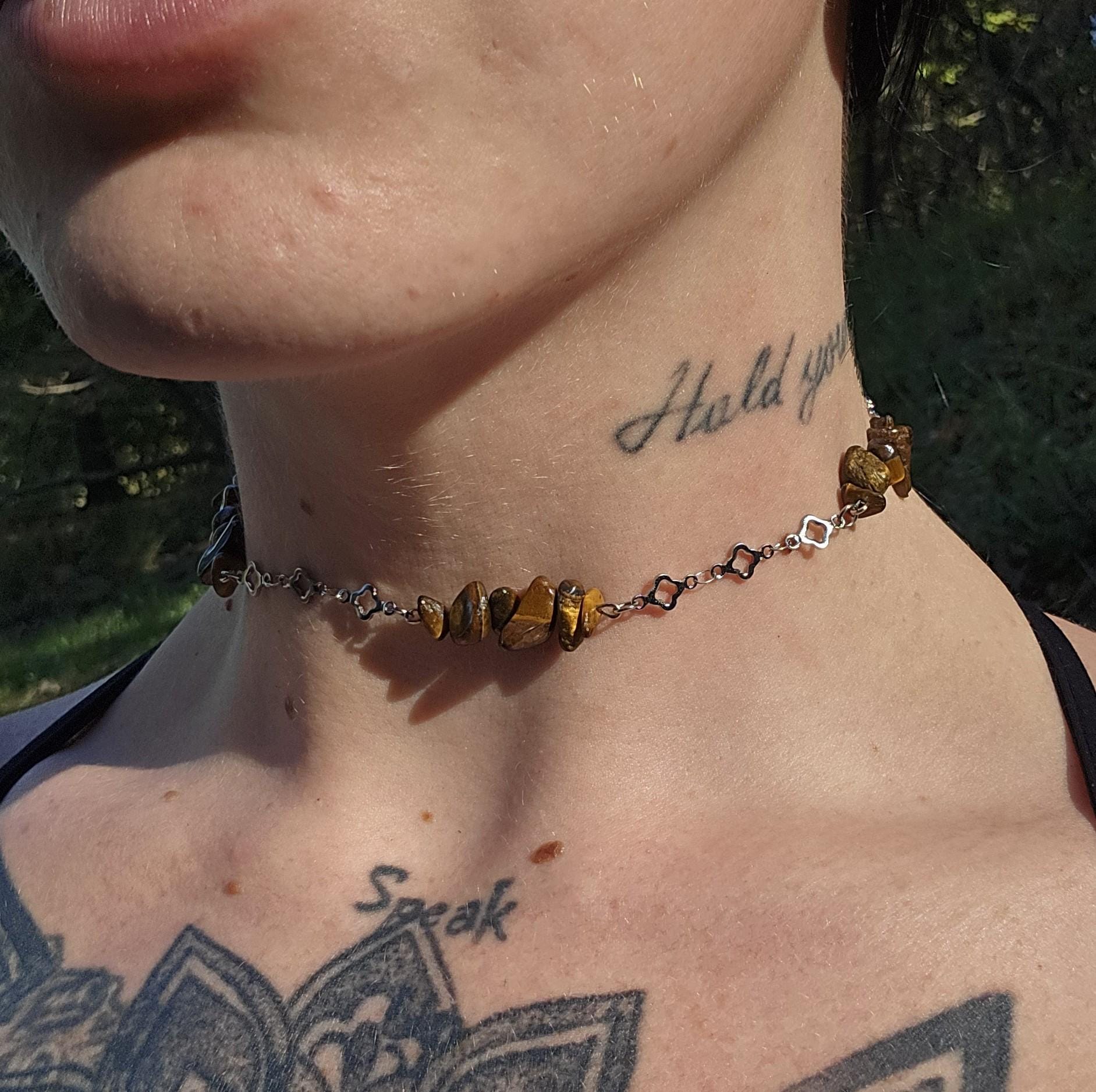 Tigers Eye and Steel Clover Choker: Adjustable Fairycore Gothic Crystal Necklace