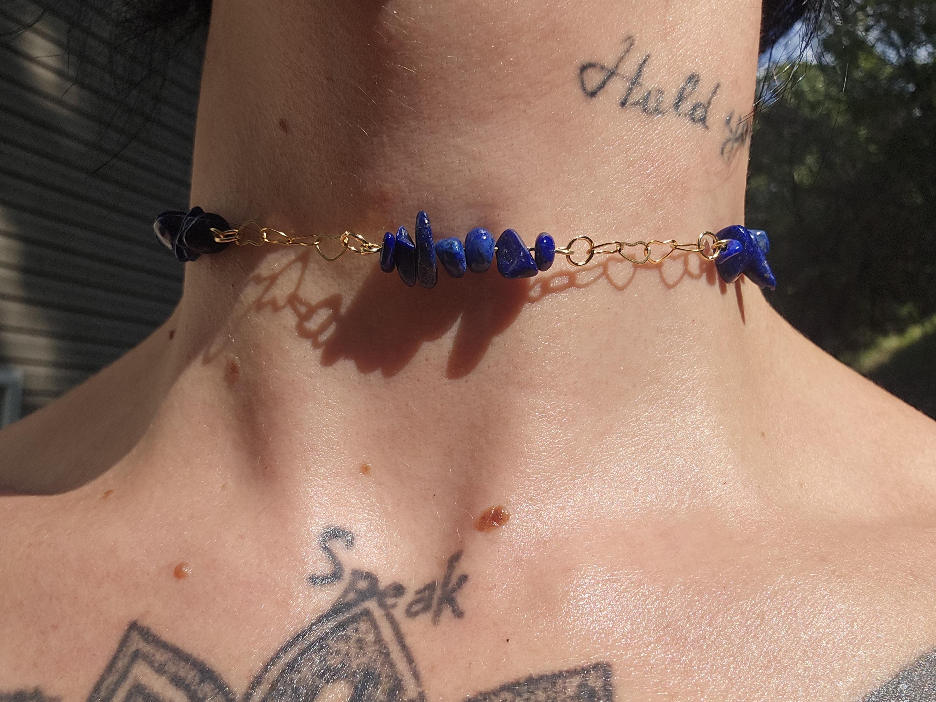 Lapis Lazuli and Gold Choker Necklace: 18k Gold Heart Chain, Adjustable Fairycore Gothic Gift - Thumbnail 5