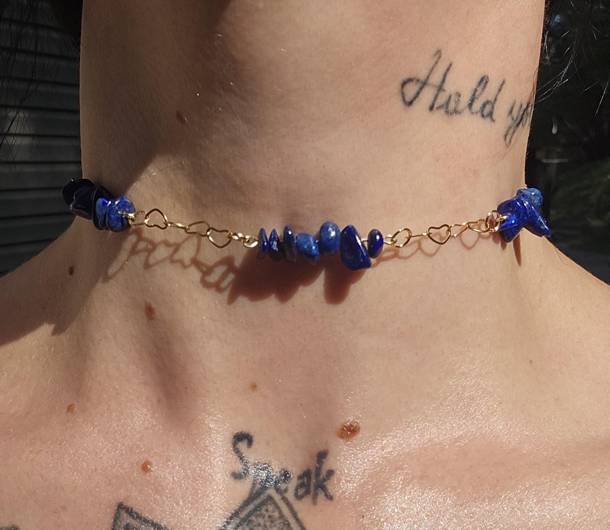 Lapis Lazuli and Gold Choker Necklace: 18k Gold Heart Chain, Adjustable Fairycore Gothic Gift