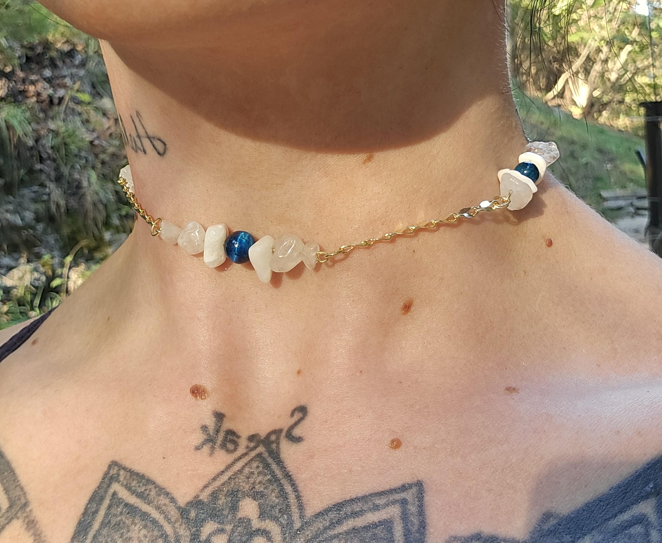Quartz, Moonstone, Blue Tiger's Eye and Gold Choker: 14k Gold Plated Crystal Necklace