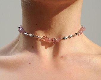 Strawberry Quartz and Steel Adjustable Crystal Chain Choker, Cottagecore, Goth Choker, Boho, Healing Gemstone for Protection, Spiritual Gift