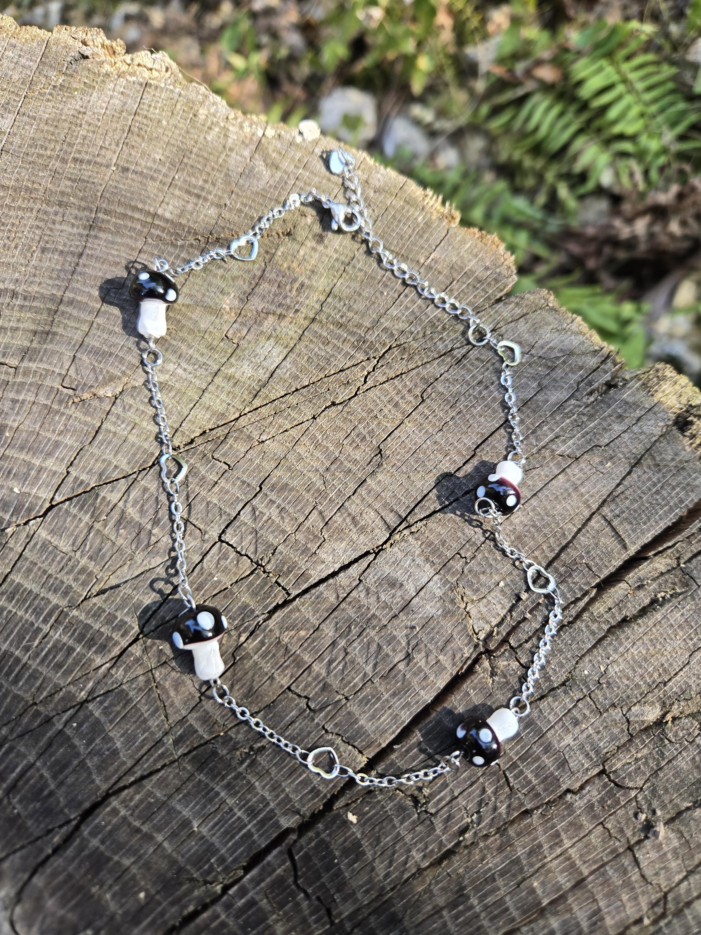 Black Mushroom Choker Necklace: Crystal Heart, Stainless Steel Chain - Thumbnail 2