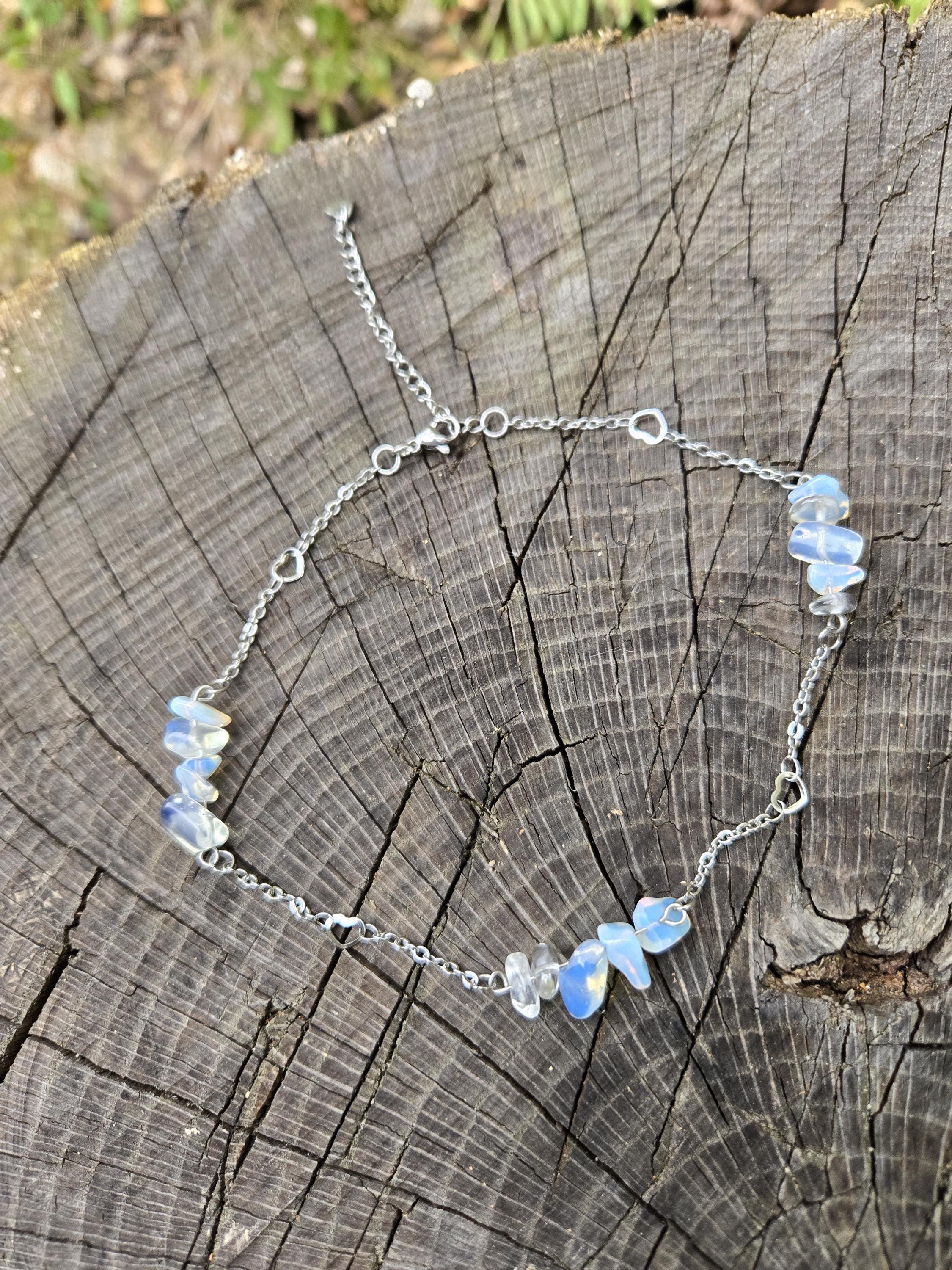 Opal Choker Necklace: Steel Chain Crystal Pendant - Thumbnail 2