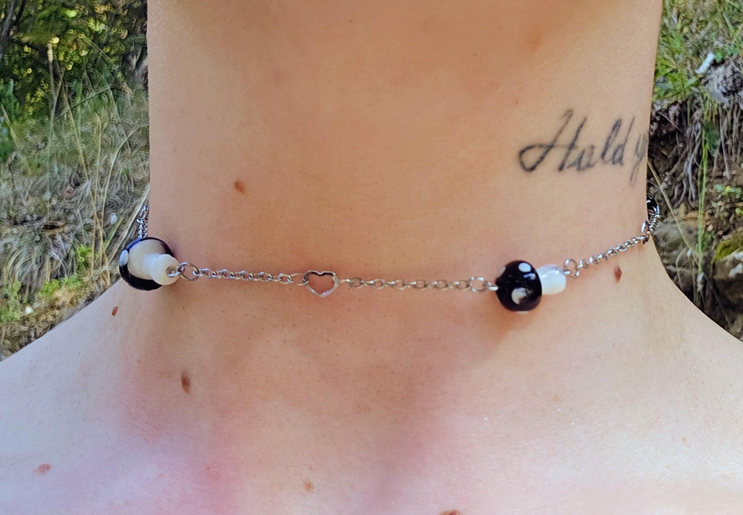Black Mushroom Choker Necklace: Crystal Heart, Stainless Steel Chain