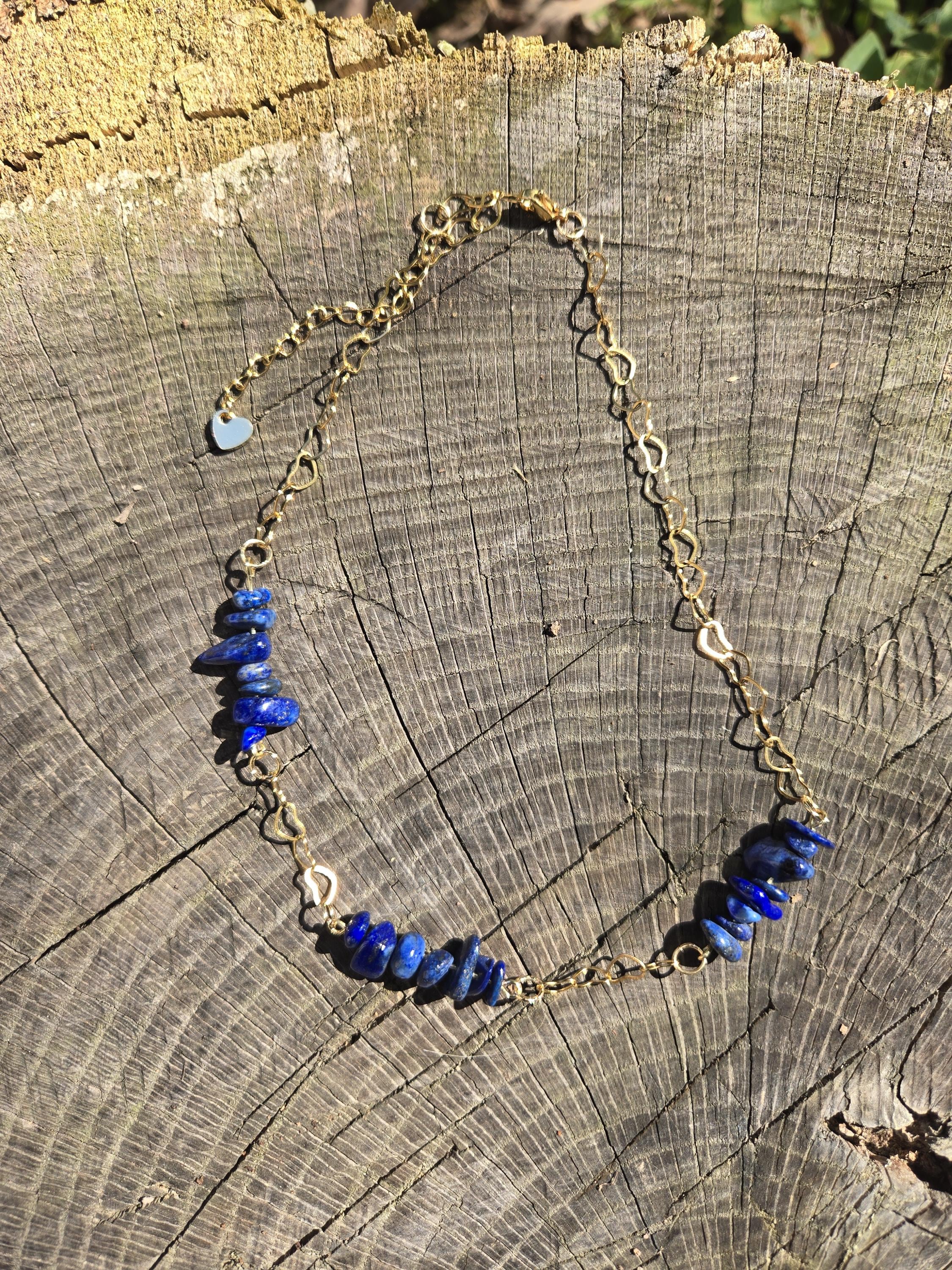 Lapis Lazuli and Gold Choker Necklace: 18k Gold Heart Chain, Adjustable Fairycore Gothic Gift - Thumbnail 3
