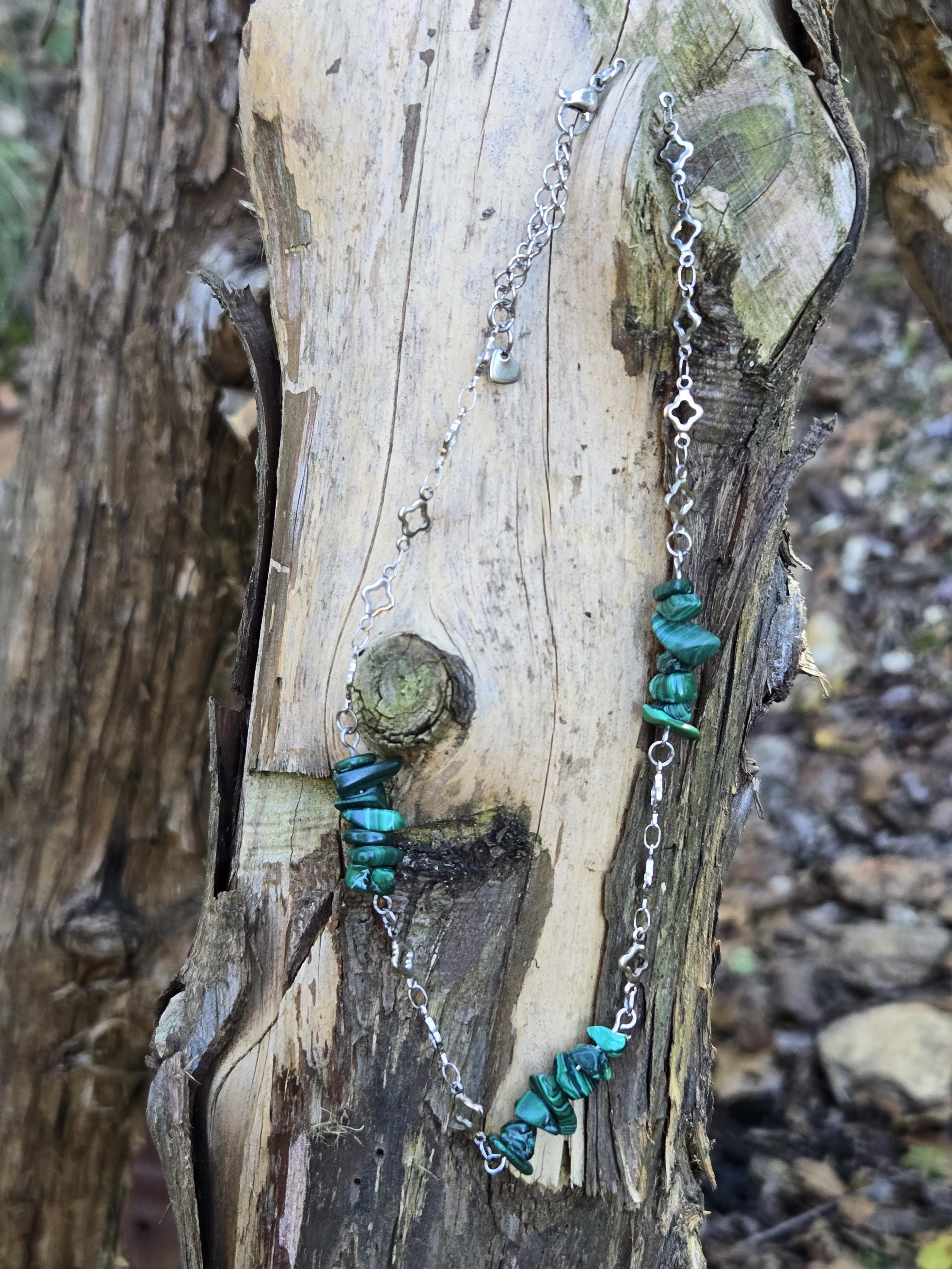 Malachite and Steel Choker Necklace: Clover and Crystal Adjustable Crystal Chain - Thumbnail 6