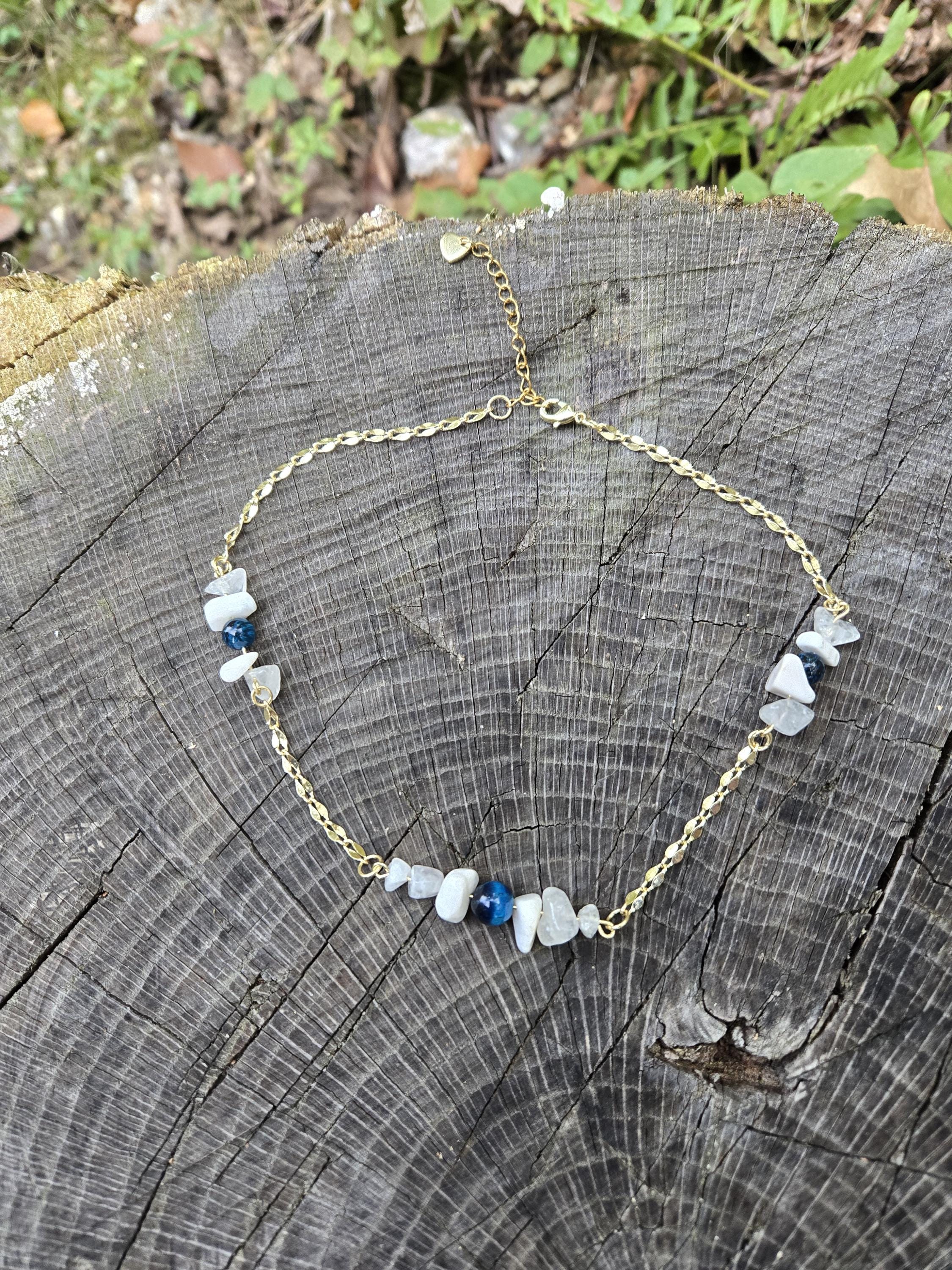 Quartz, Moonstone, Blue Tiger's Eye and Gold Choker: 14k Gold Plated Crystal Necklace - Thumbnail 2