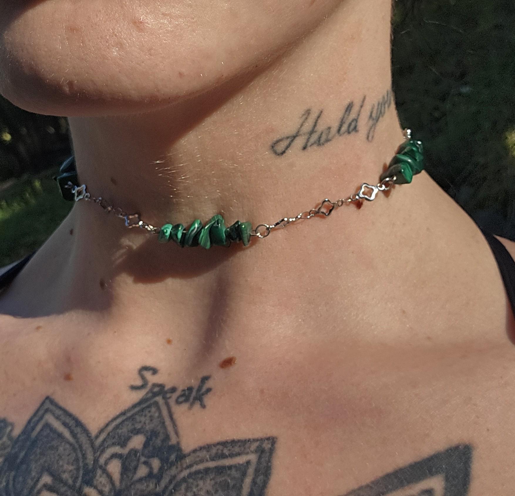 Malachite and Steel Choker Necklace: Clover and Crystal Adjustable Crystal Chain - Thumbnail 3