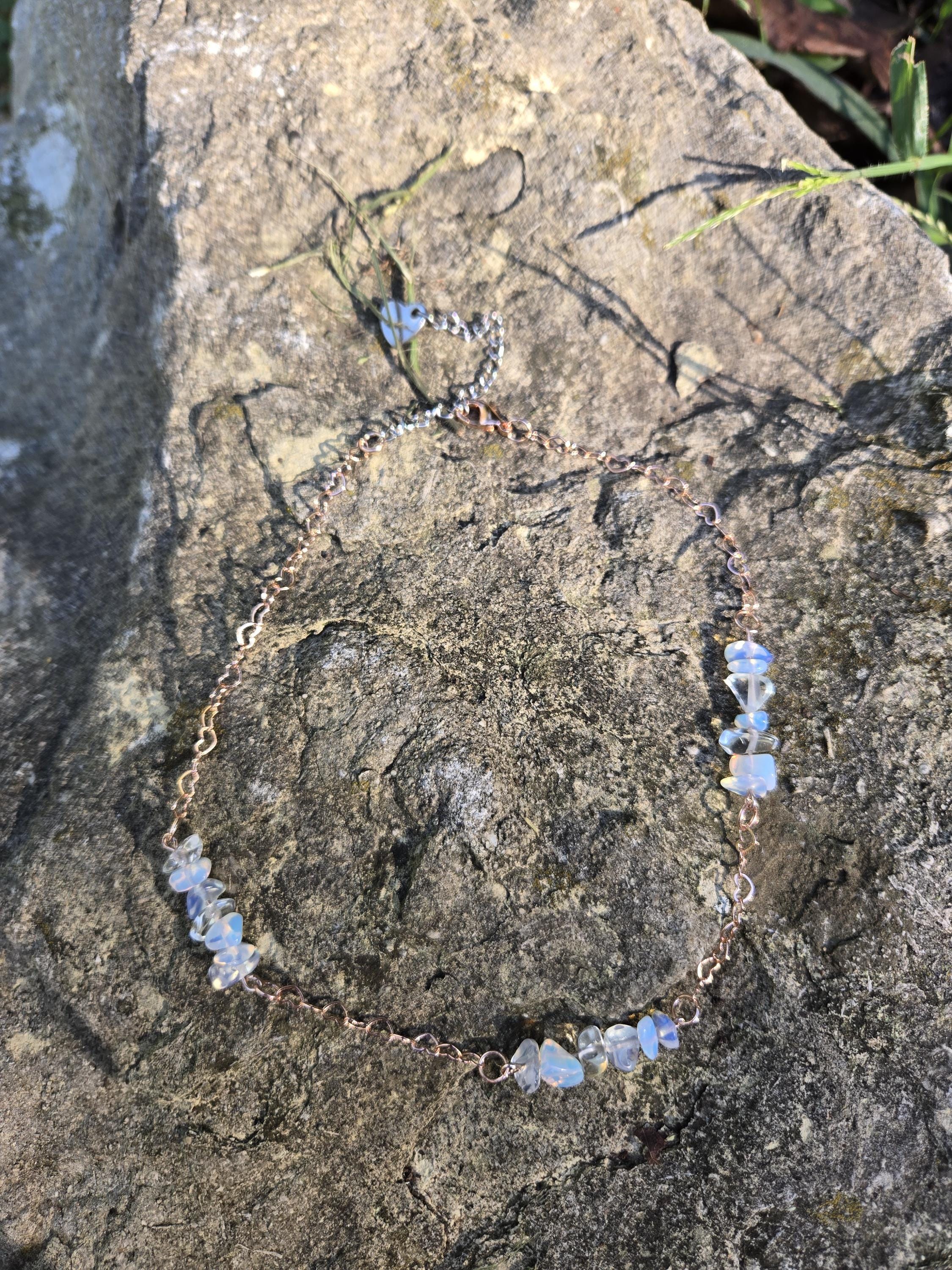 Opal and Rose Gold Crystal Choker: Rose Gold Plated Hearts, Fairycore Gothic Necklace - Thumbnail 3