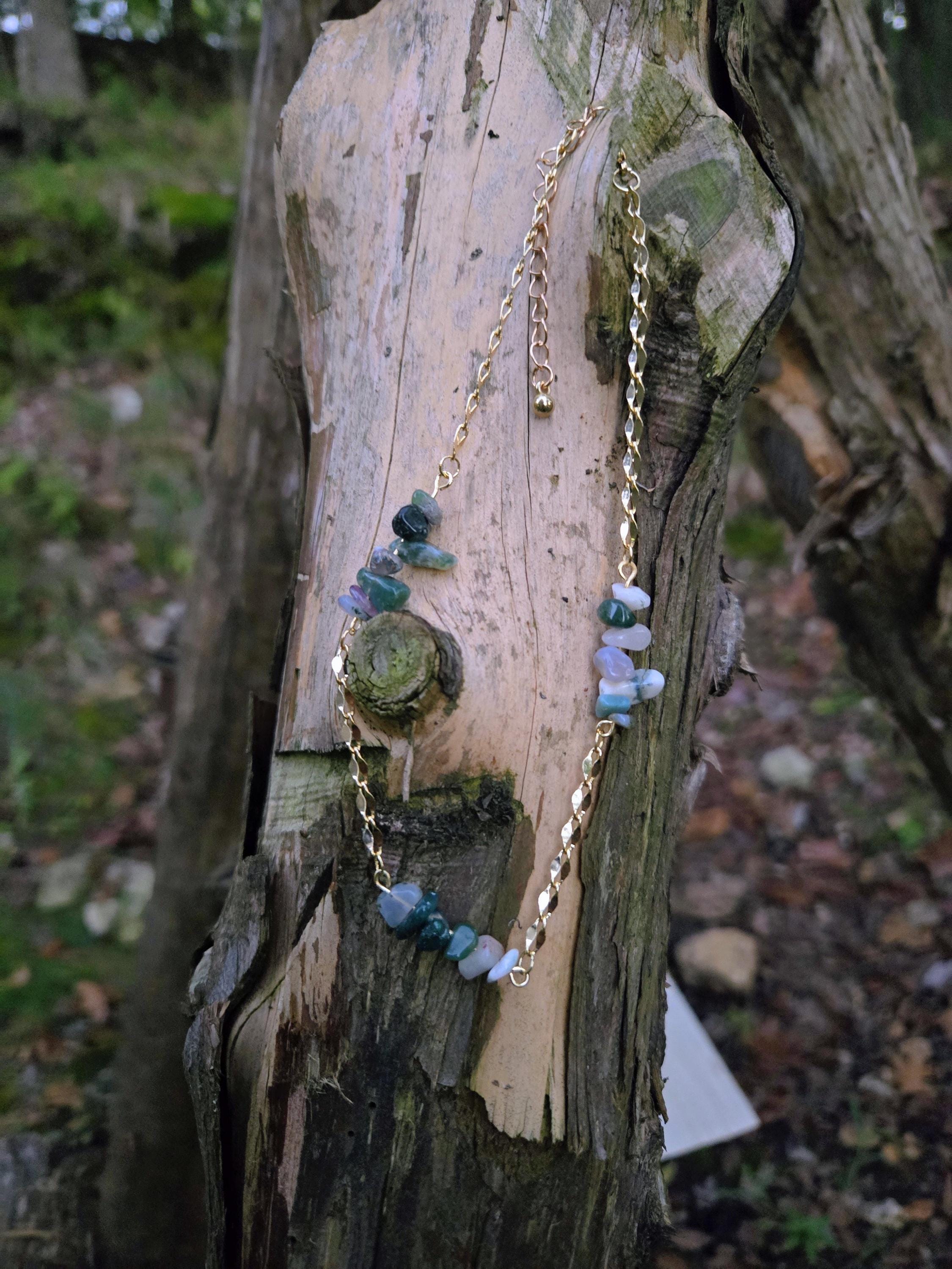 Moss Agate & 14k Gold Plated Choker: Crystal Fairycore Gothic Chain Necklace - Thumbnail 3