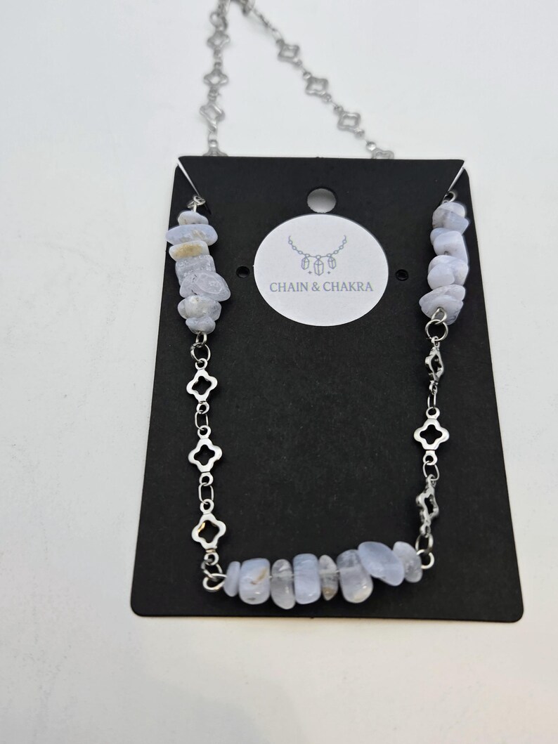 Blue Lace Agate and Steel Clover Crystal Chain Choker, Cottagecore, Goth Choker, Boho, Healing Gemstone for Protection, Spiritual Gift image 9