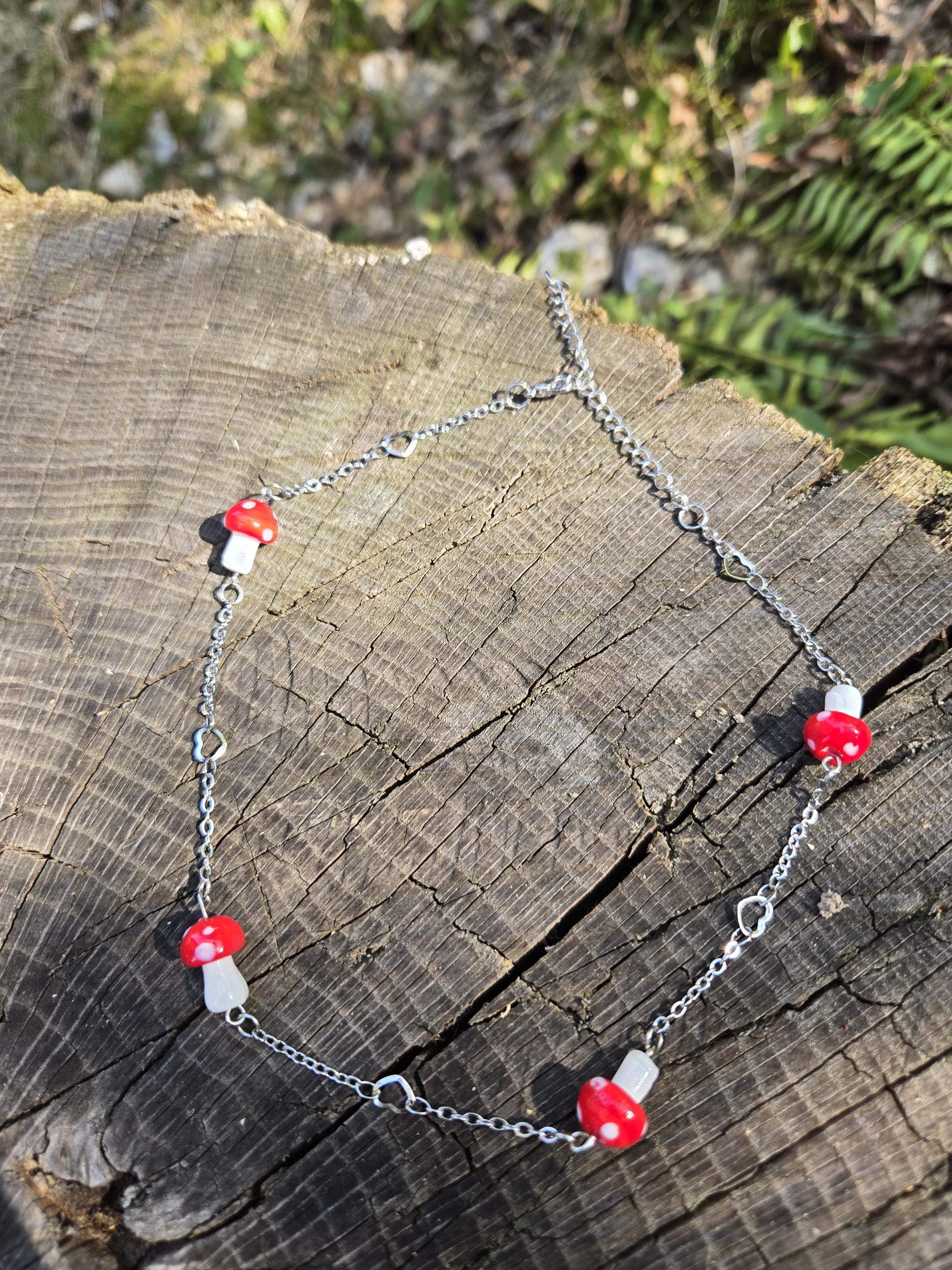 Red Mushroom Choker Necklace: Stainless Steel Heart Chain - Thumbnail 2