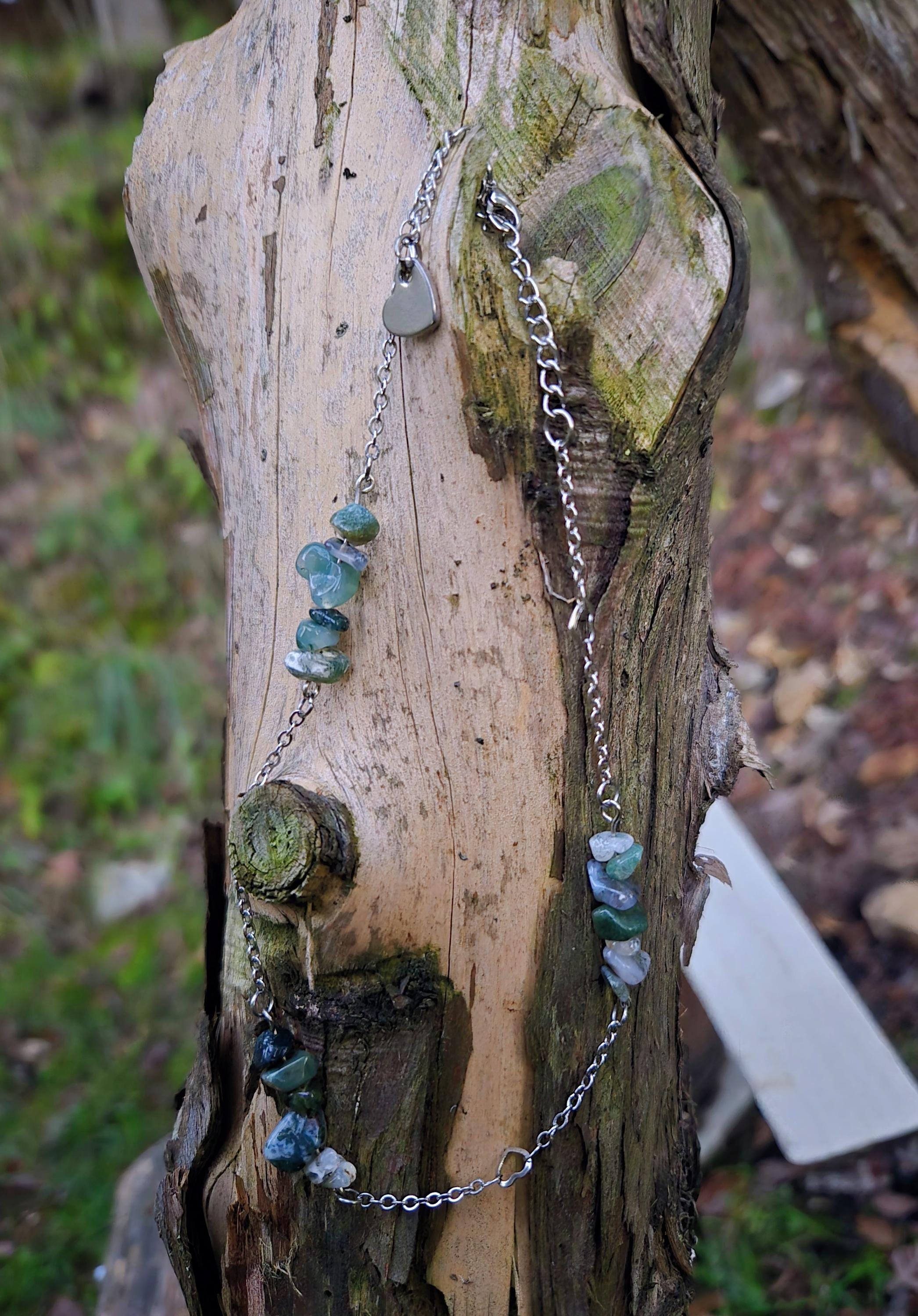 Moss Agate Choker and Stainless Steel Necklace: Adjustable Chain - Thumbnail 4