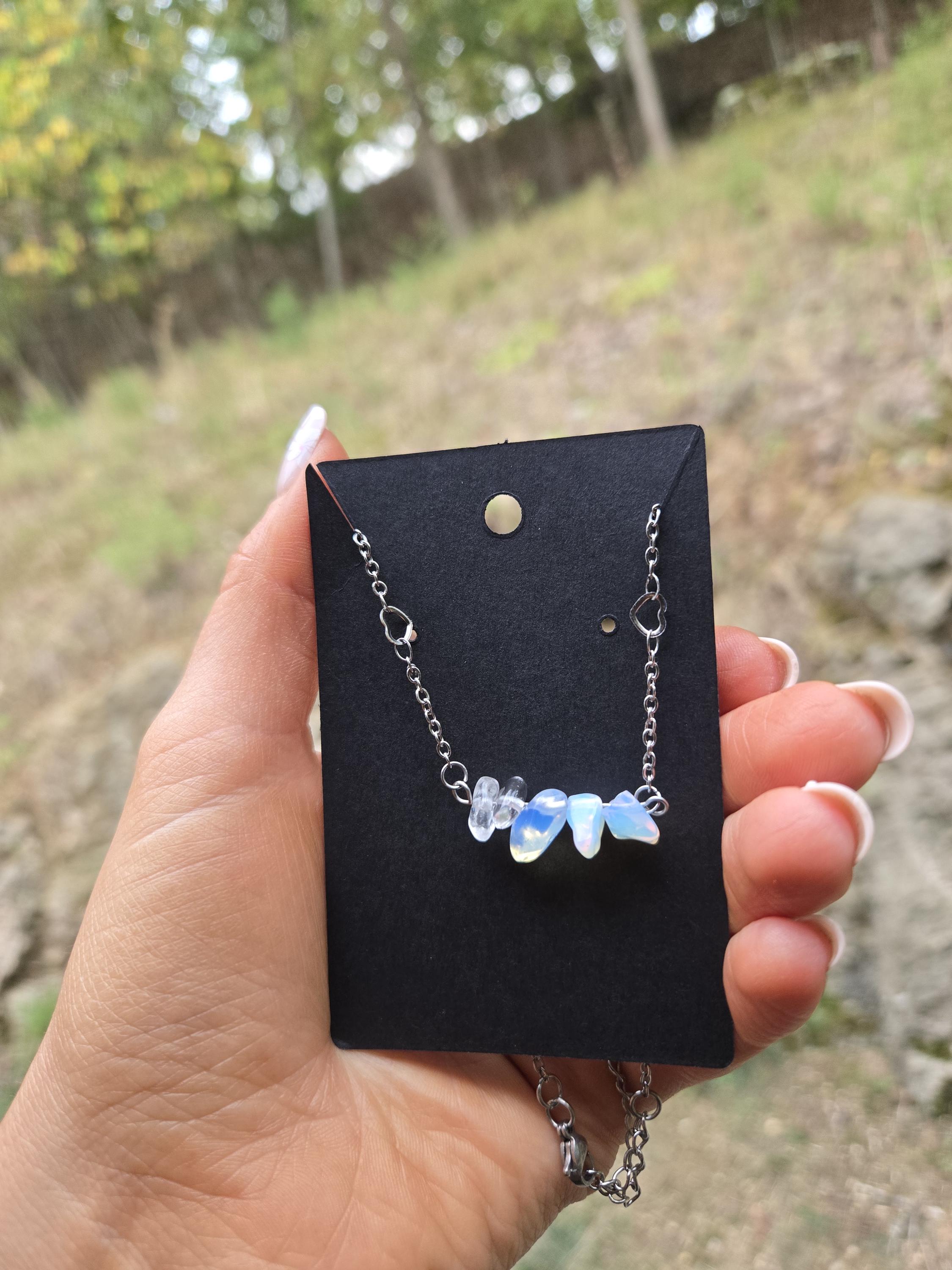 Opal Choker Necklace: Steel Chain Crystal Pendant - Thumbnail 4