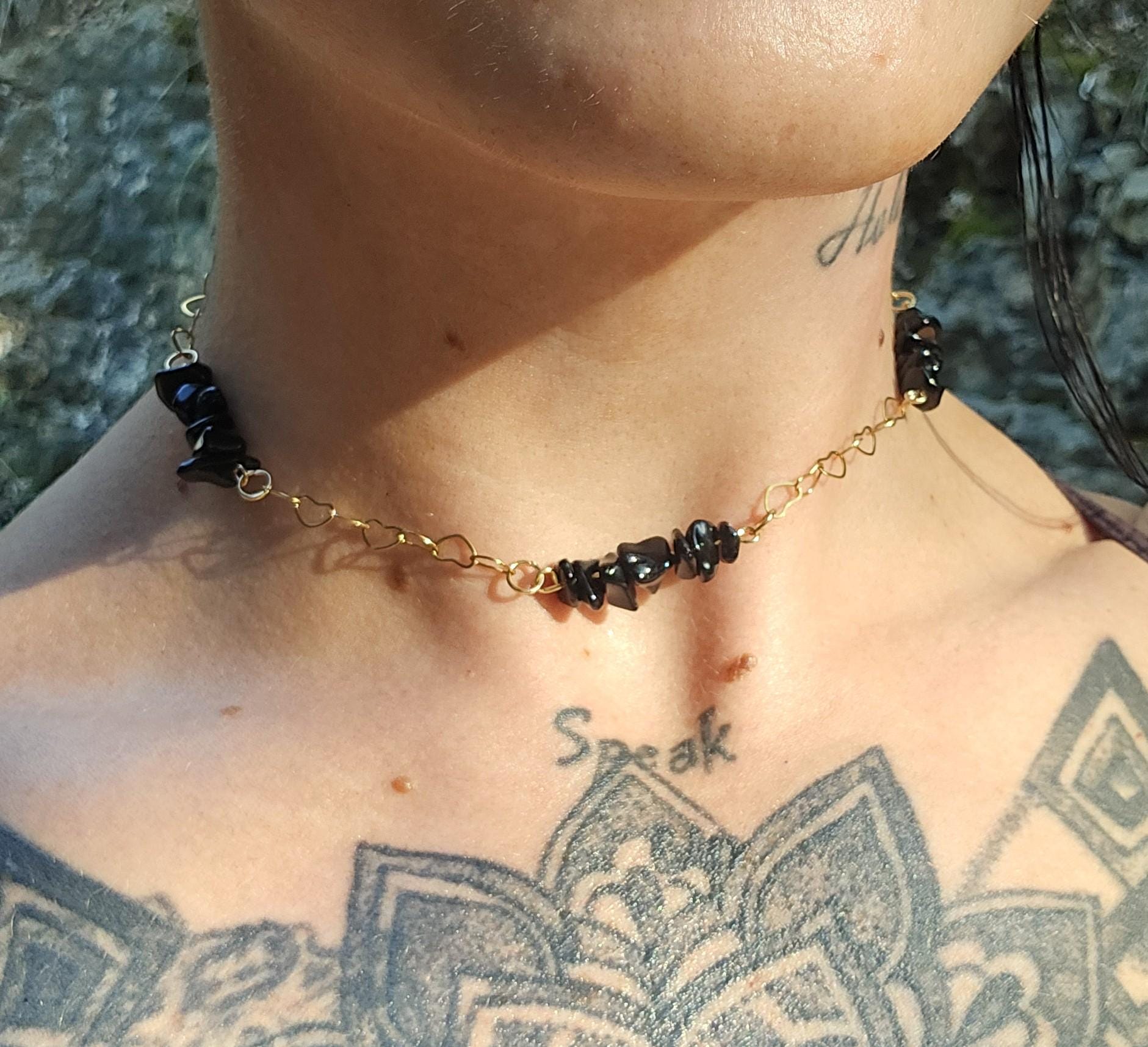 Black Obsidian & Gold Choker Necklace: 18k Plated Heart Chain, Adjustable Fairycore Gothic