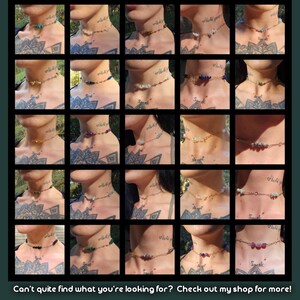 May include: A grid of 25 images showcasing various beaded choker necklaces. The necklaces feature different colored beads and gemstones, with gold or silver chains. The text at the bottom says, "Can't quite find what you're looking for? Check out my shop for more!"