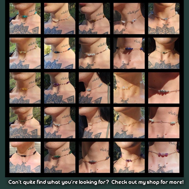 May include: A grid of 25 images showcasing various beaded choker necklaces. The necklaces feature different colored beads and gemstones, with gold or silver chains. The text at the bottom says, "Can't quite find what you're looking for? Check out my shop for more!"