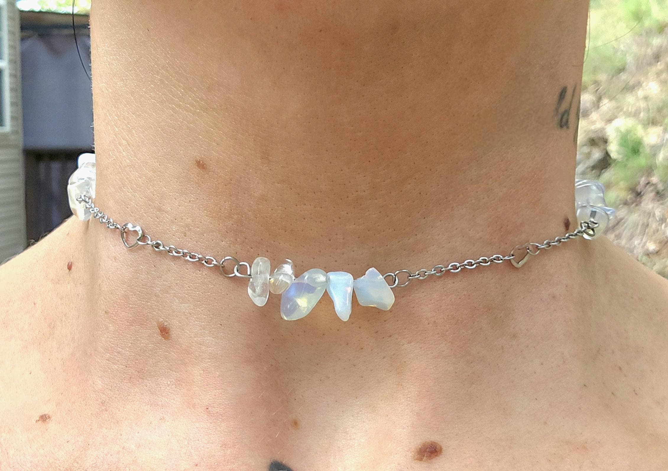 Opal Choker Necklace: Steel Chain Crystal Pendant