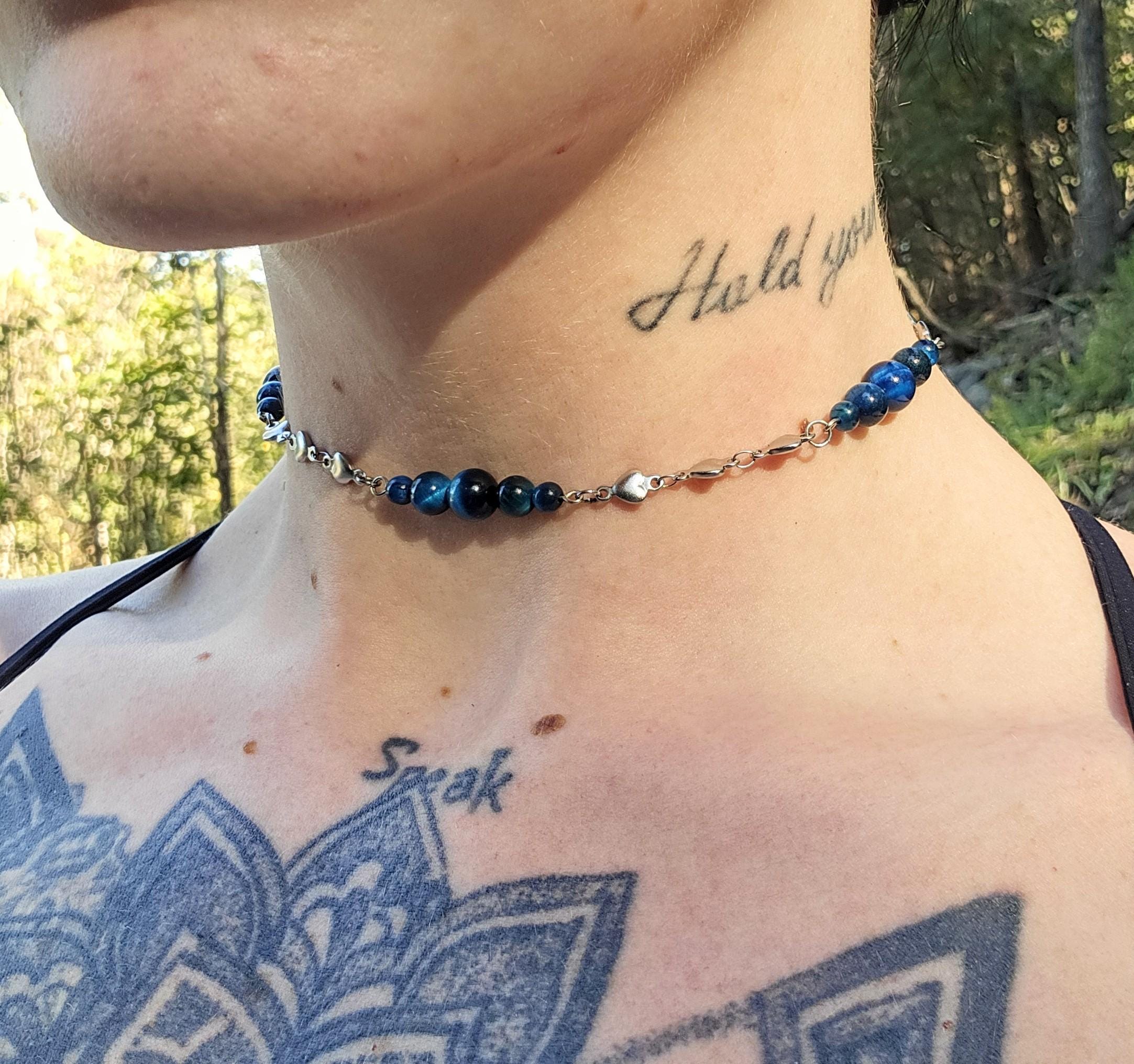 Blue Tigers Eye and Stainless Steel Choker Necklace: Queen of Hearts Adjustable Choker - Thumbnail 2