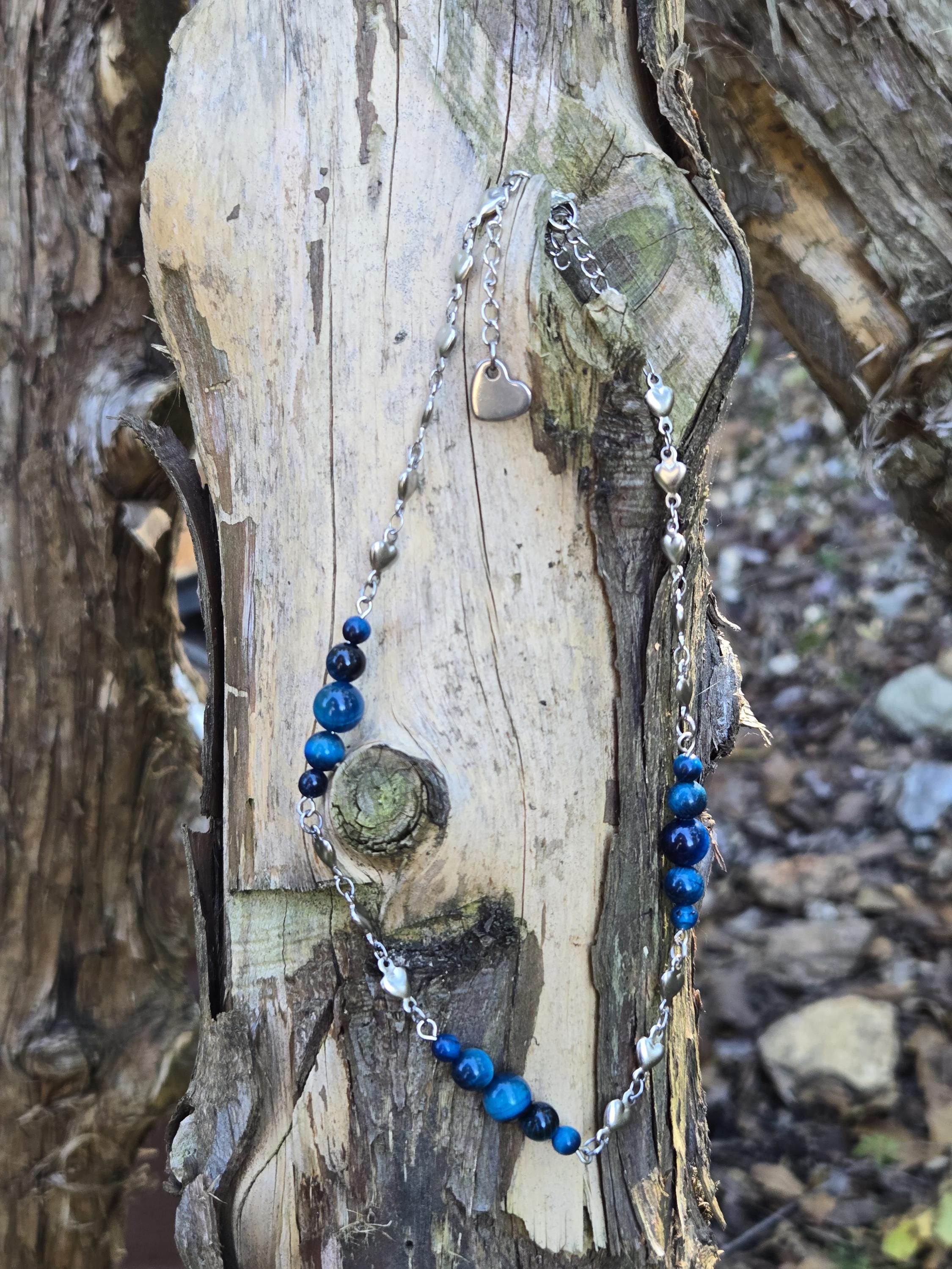 Blue Tigers Eye and Stainless Steel Choker Necklace: Queen of Hearts Adjustable Choker - Thumbnail 3