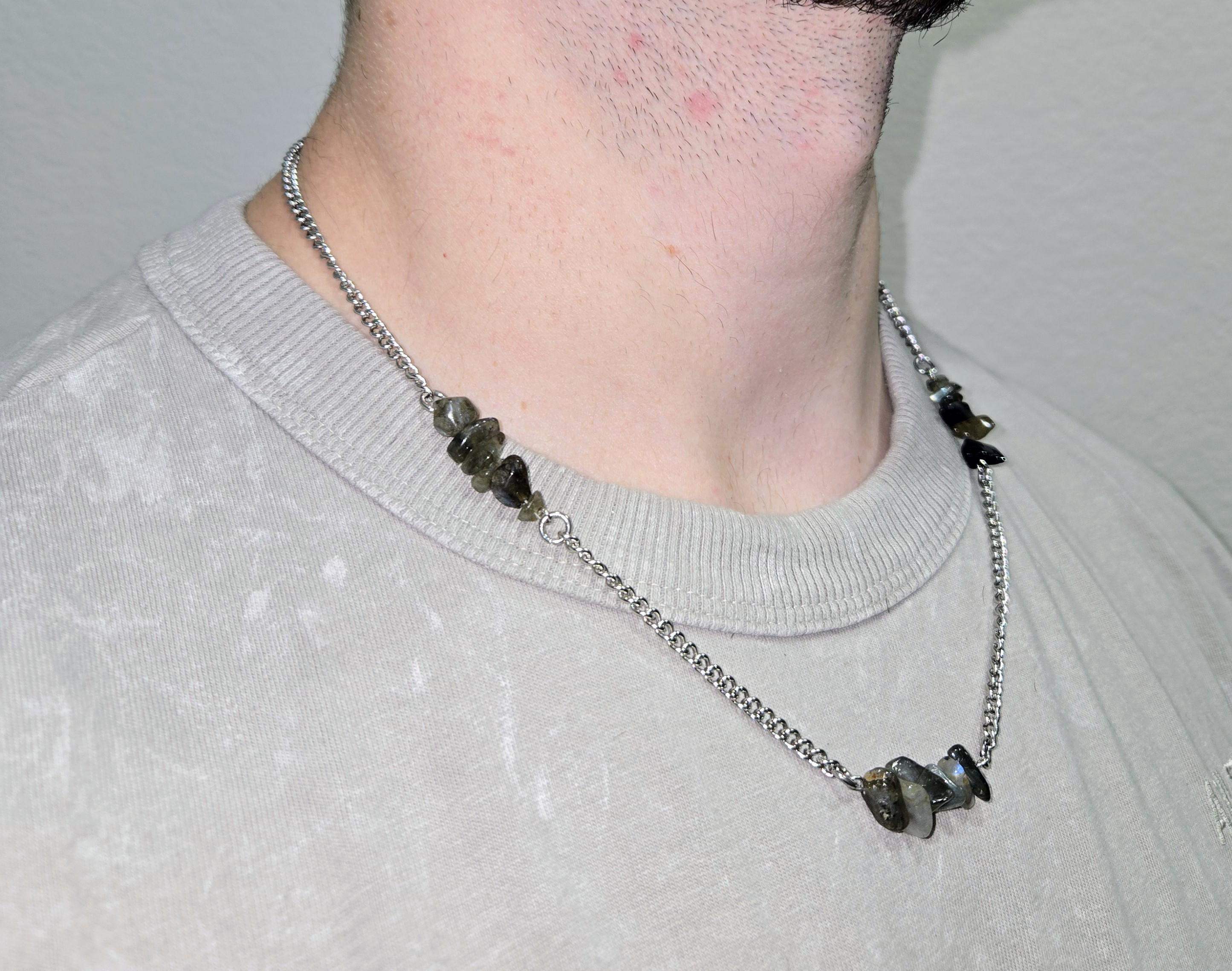 Labradorite and Stainless Steel Men's Crystal Gemstone Chain Necklace - Thumbnail 2