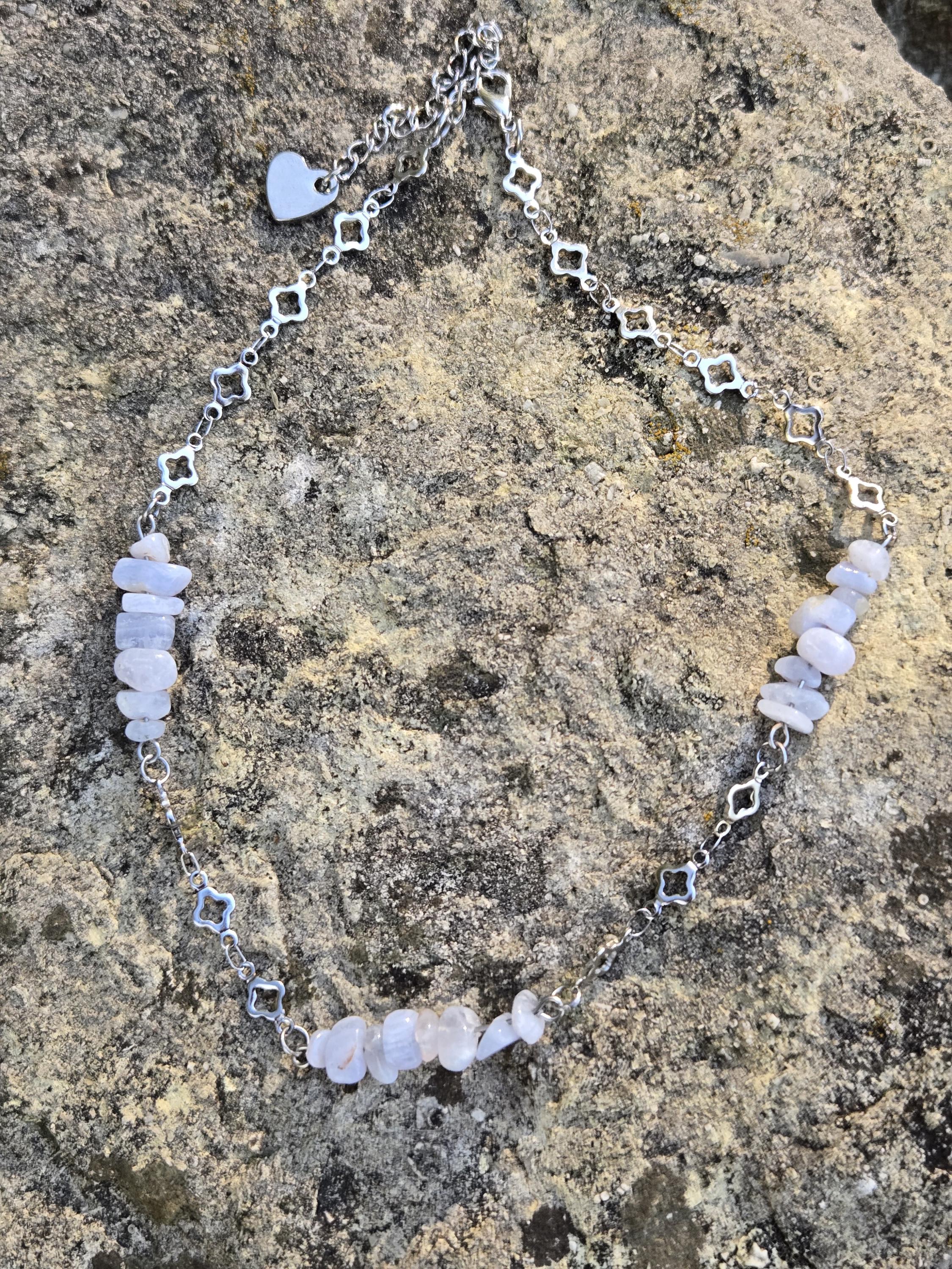 Blue Lace Agate and Stainless Steel Choker: Adjustable Clover Crystal Choker Necklace - Thumbnail 5