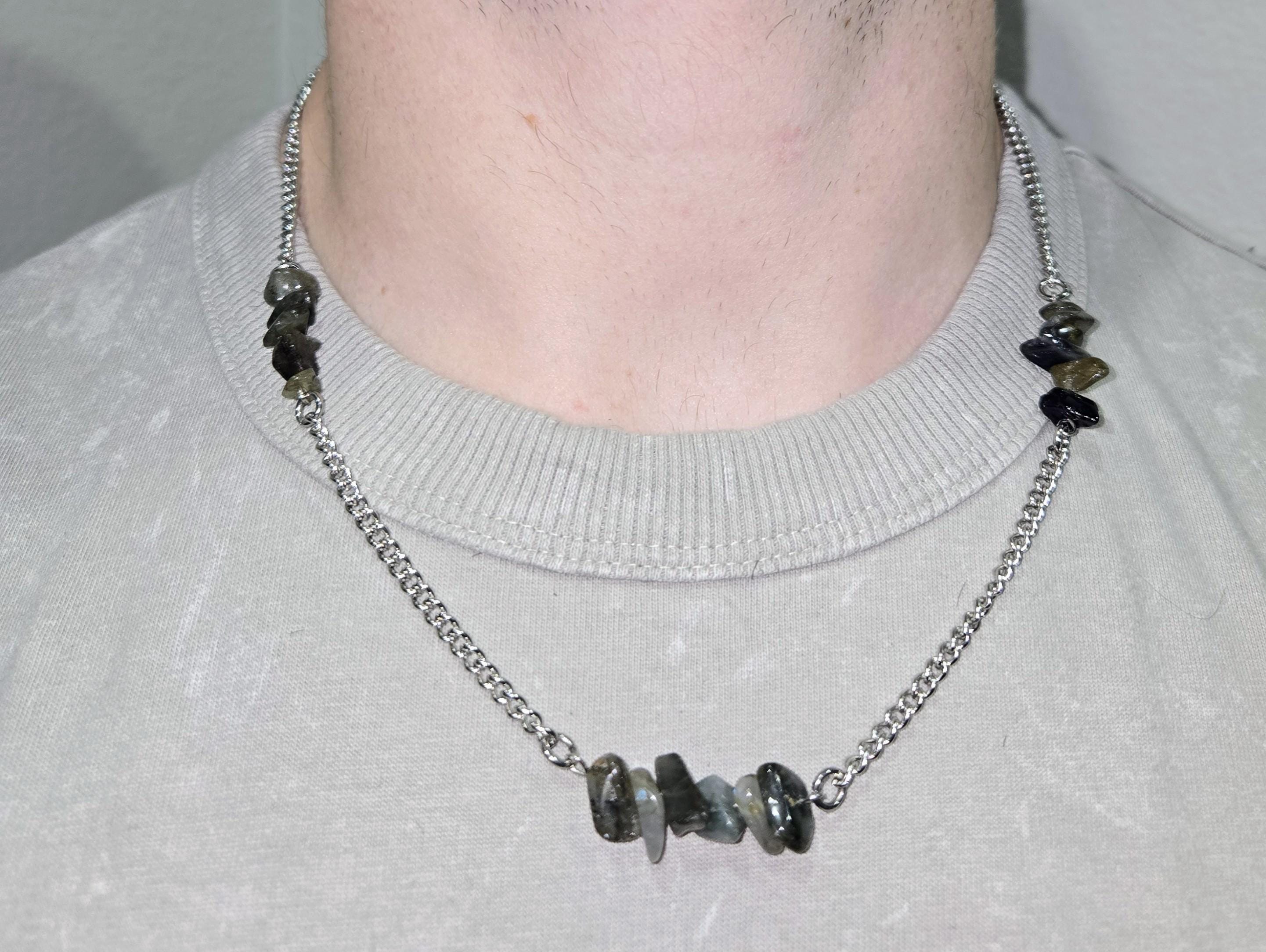 Labradorite and Stainless Steel Men's Crystal Gemstone Chain Necklace - Thumbnail 3